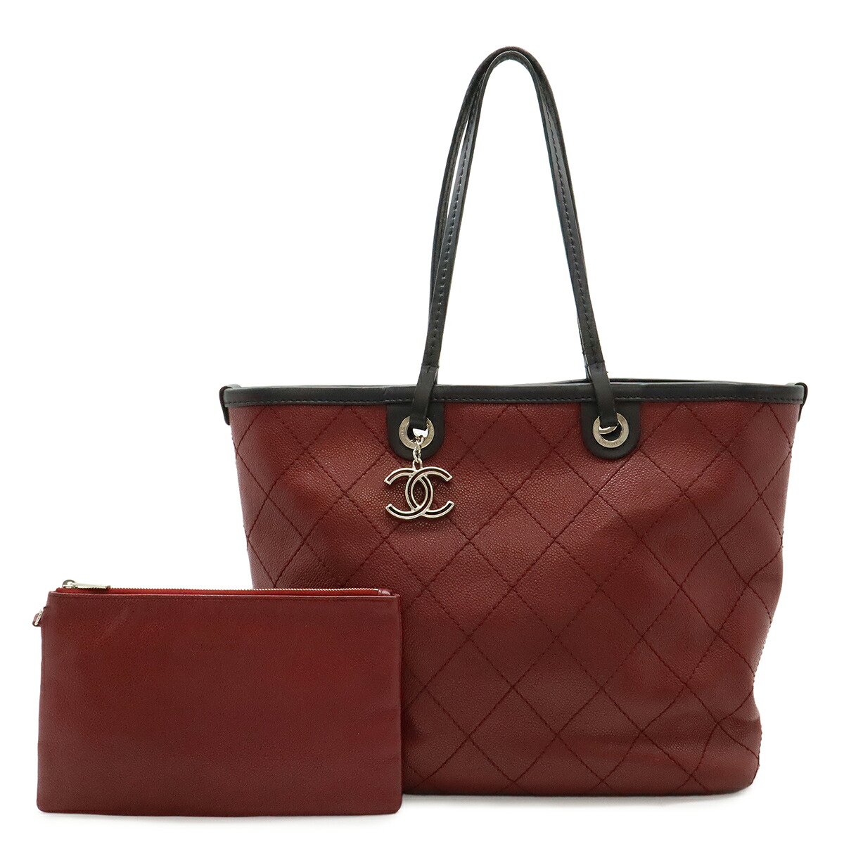 CHANEL シャネル オンザロード ワイルドステッチ ココマーク トートバッグ ショルダーバッグ キャビアスキン レザー ボルドー ブラック ポーチ付き 【中古】|Blumin 店