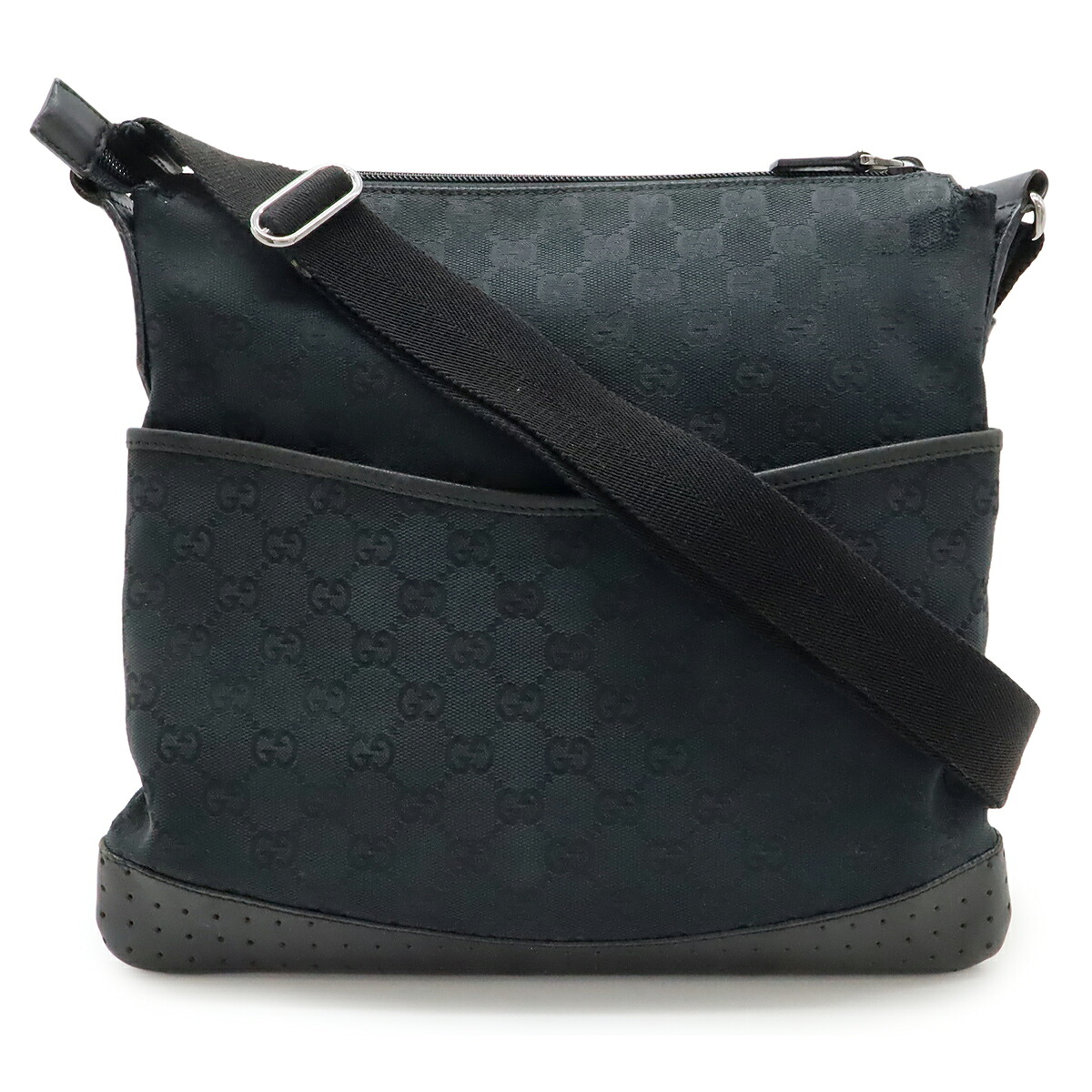 GUCCI グッチ GGキャンバス ショルダーバッグ メッセンジャーバッグ 斜め掛け パンチング レザー ブラック 黒 シルバー金具 145857 【中古】 14,454円