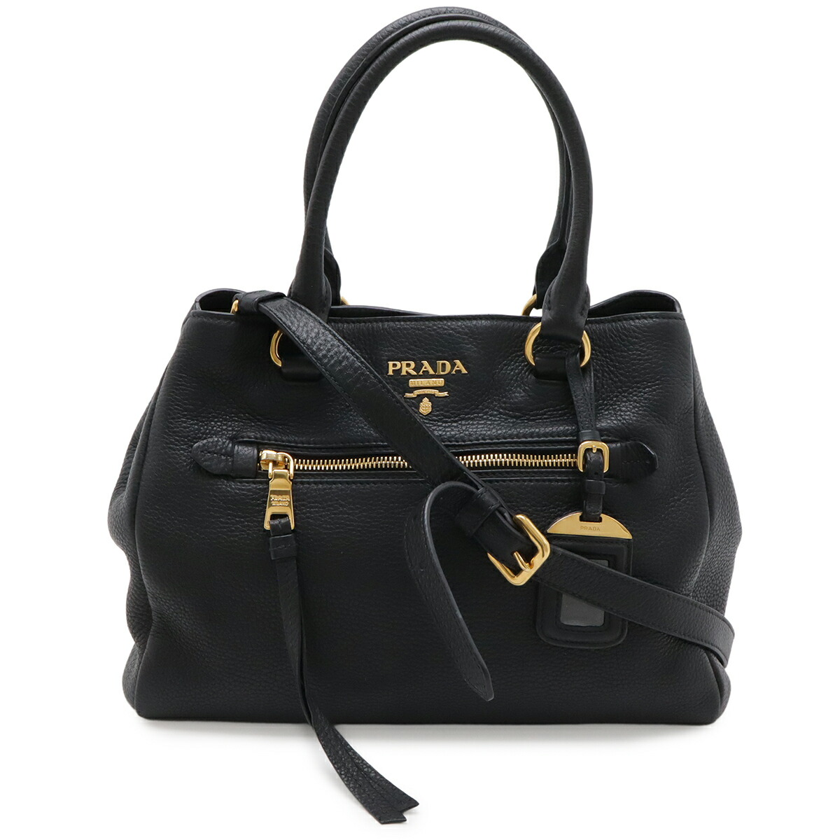 PRADA プラダ VITELLO PHENIX ハンドバック トートバッグ 2WAY ショルダーバッグ 曲がった掛け なめし革 NERO 黒いこと 黒 ゴールド金具 1BG044 【中古】