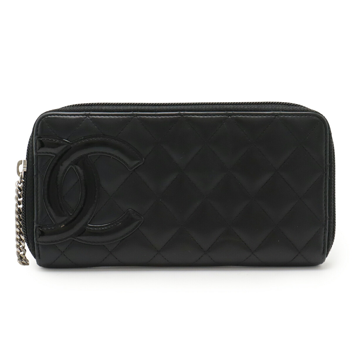 CHANEL シャネル カンボンライン ココマーク ラウンドファスナー 長財布 ソフトカーフ レザー エナメル ブラック 黒 ピンク A50078 【中古】