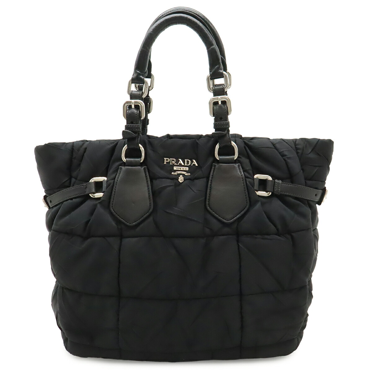 PRADA プラダ ロゴ トートバッグ ショルダーバッグ ナイロン レザー NERO 黒 ブラック シルバー金具 ストラップ欠品 BN1583 【中古】|Blumin 店