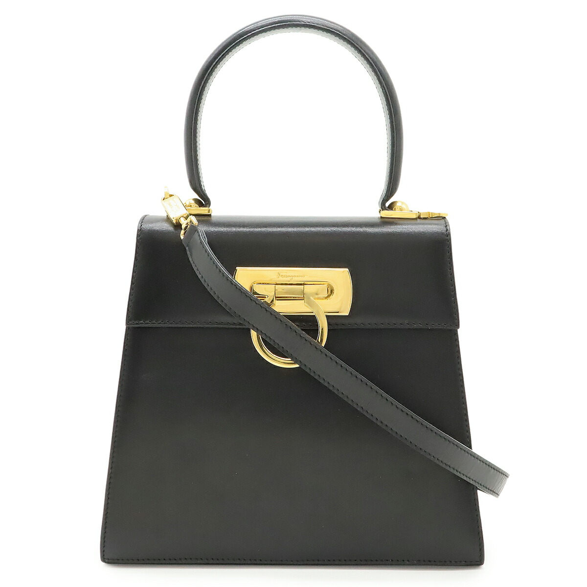 Salvatore Ferragamo サルヴァトーレ フェラガモ ガンチーニ ハンドバック 2WAY ショルダーバッグ なめし革 黒いこと 黒 ゴールド金具 BV-212193 【中古】