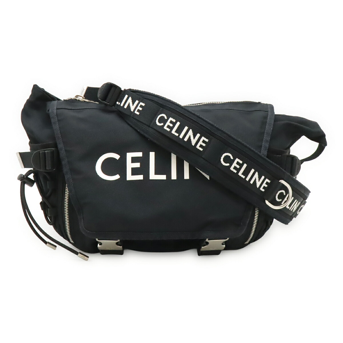 CELINE セリーヌ 並み並み トレッキング 伝達人御徒面子 ロゴタイプ ショルダーバッグ 上半身御徒面子 はりつけ台上半身 ナイロン 黒いこと 198692 【中古】
