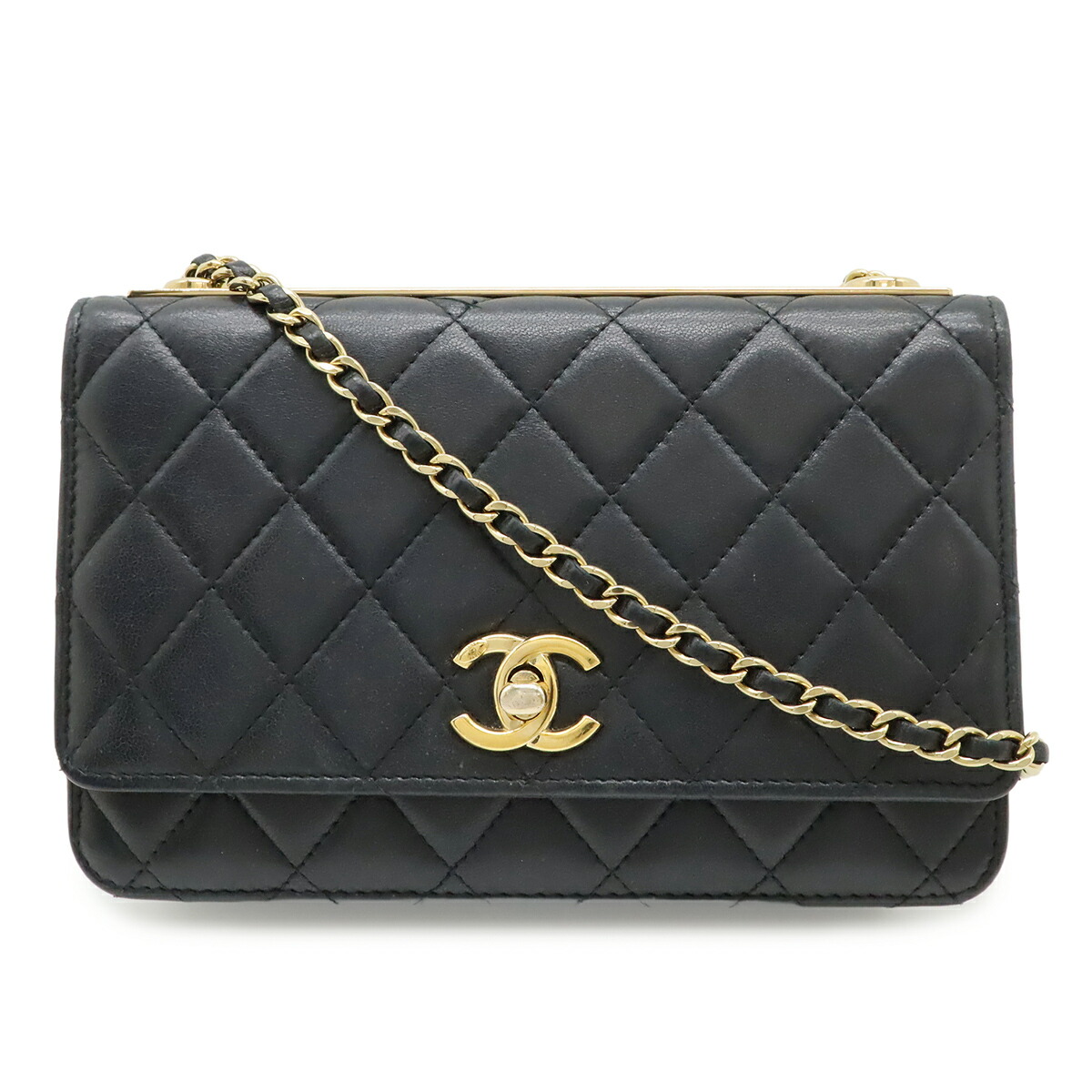 CHANEL シャネル トレンディCC マトラッセ チェーンウォレット 御釣り入れ 歌留多容れもの 子ヒツジ人はだ なめし革 黒いこと 黒 ゴールド金具 【中古】