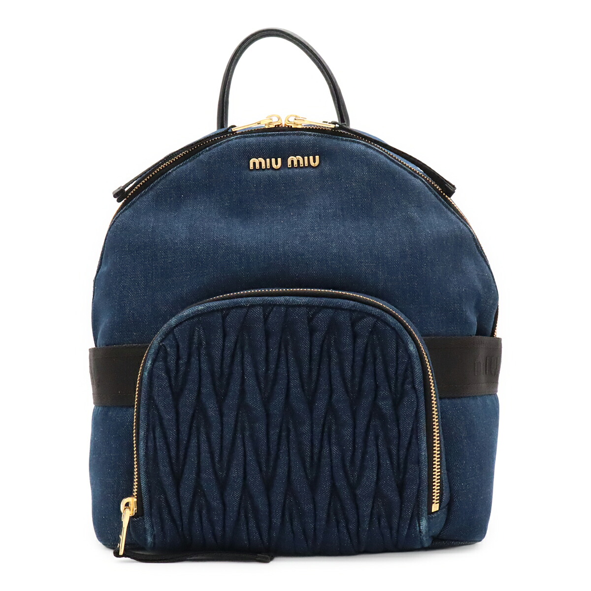 Miu Miu ミュウ ミュウ ミュウミュウ バックパック リュックサック デニム レザー BLEU ブルー ゴールド金具 国内ブティック購入品 5BZ019 【中古】｜Blumin 店