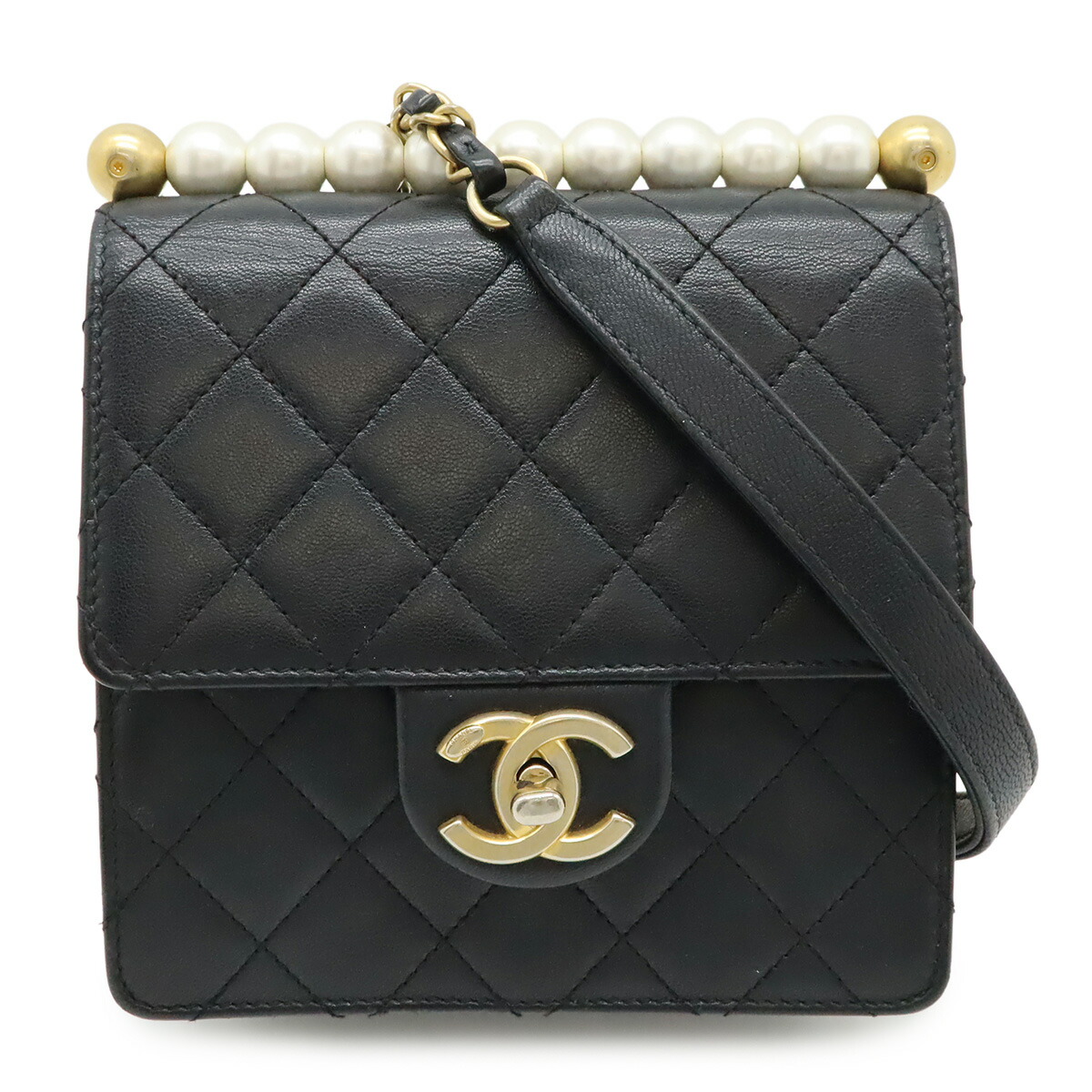 CHANEL シャネル マトラッセ ココマーク パール チェーン店御徒面子 チェーン店肩肉 下げ翼御徒面子 なめし革 黒いこと 黒 ゴールド金具 AS0584 【中古】