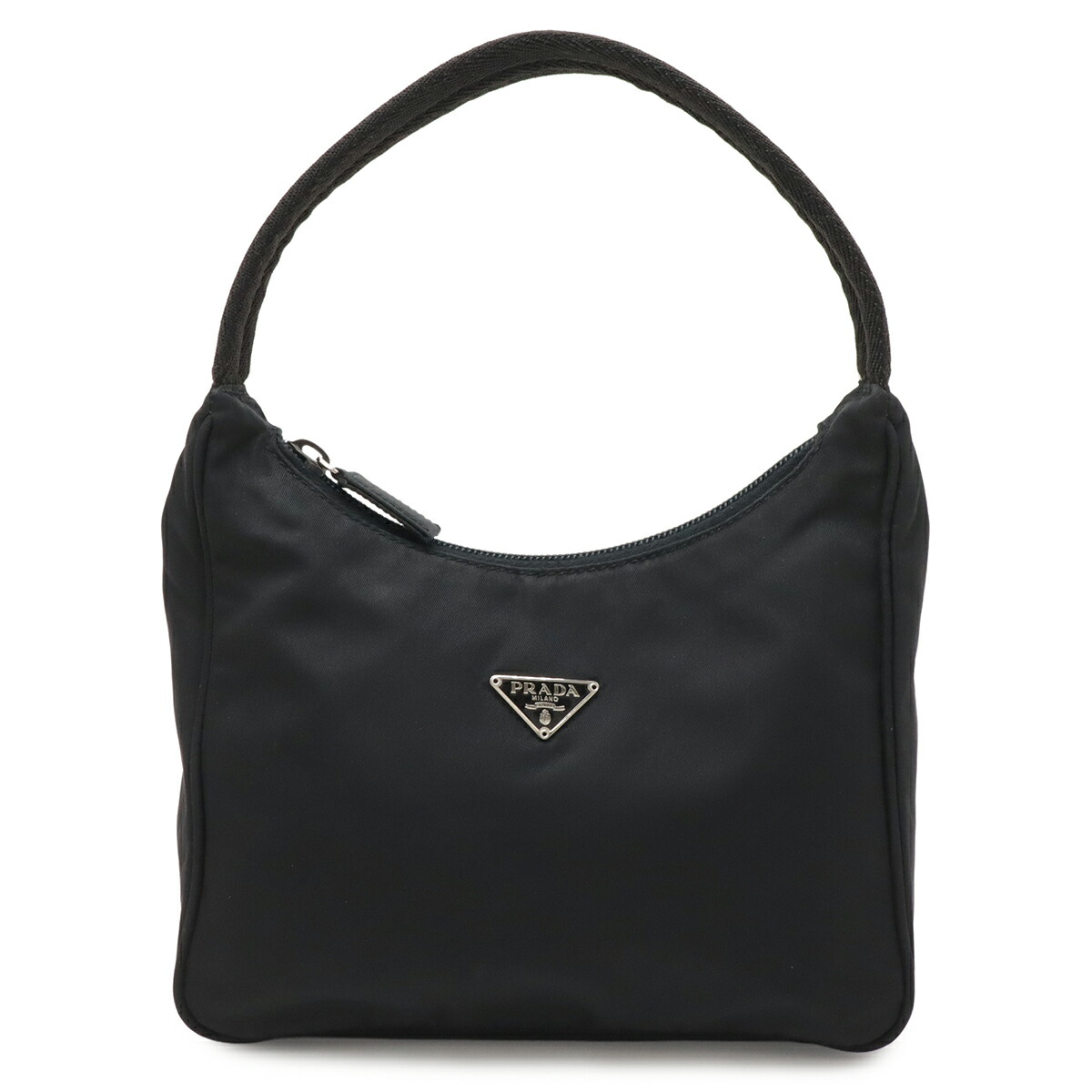 PRADA プラダ ３角形ロゴタイプ 付属物合切袋 ハンドバック ミニ御徒面子 寄り合い御徒面子 ナイロン NERO 黒 黒いこと しろがね色金具 MV519 【中古】
