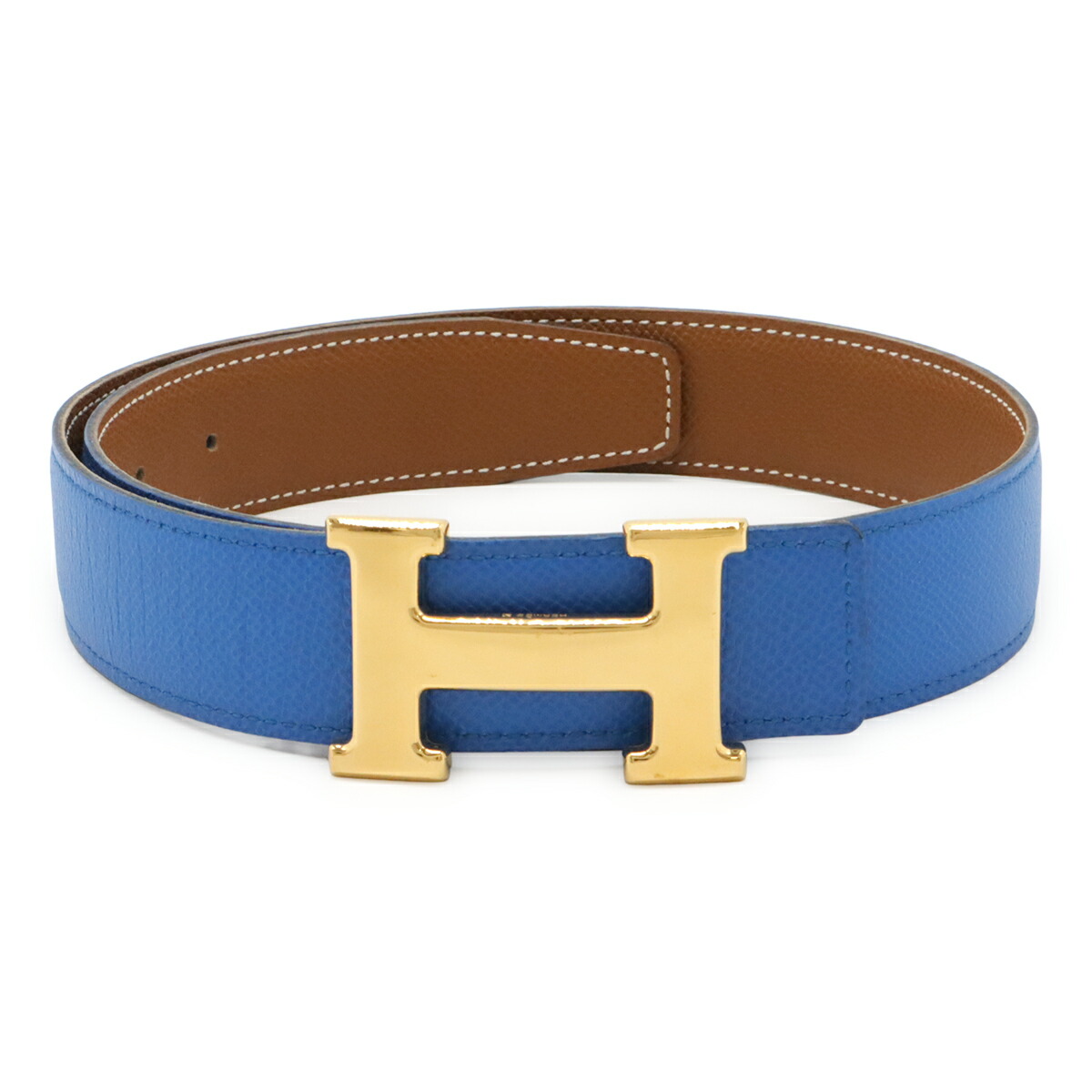 HERMES エルメス H三尺帯 リヴァーシブル ヴォーエプソン なめし革 青碧 青 ゴールド うす茶色 点火装置赤銅色 ゴールド金具 #65 □A目じるし 【中古】