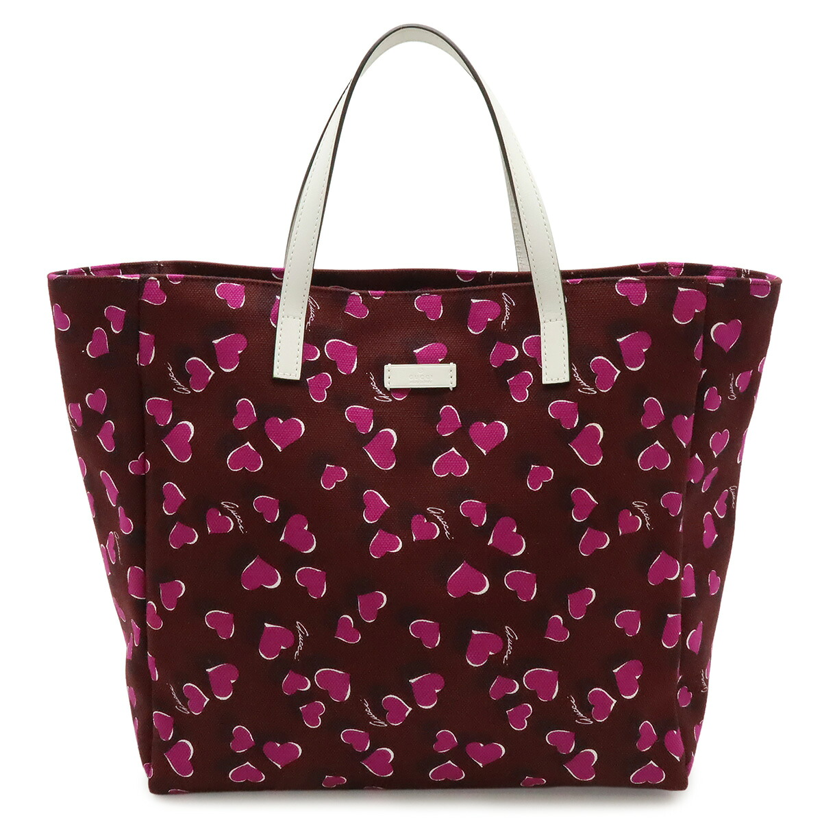 GUCCI グッチ トートバッグ ハンドバッグ ショルダートート 肩掛け ハート プリント キャンバス レザー ボルドー ピンク ホワイト 白 282439 【中古】