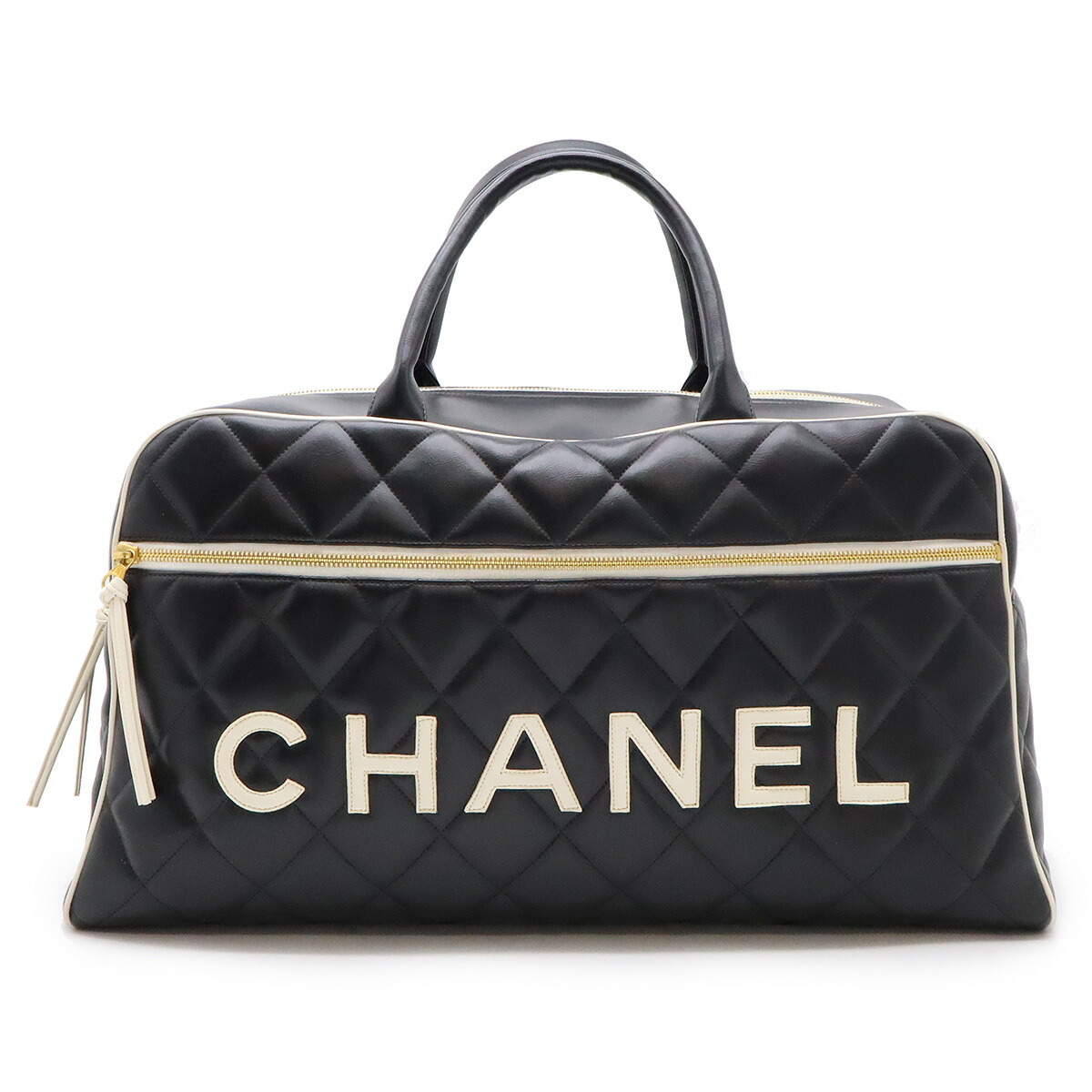 CHANEL シャネル マトラッセ ロゴタイプ 突き抜く御徒面子 ボストンバッグ 周遊御徒面子 旅する袋 なめし革 黒いこと 黒 白いこと 白 【中古】