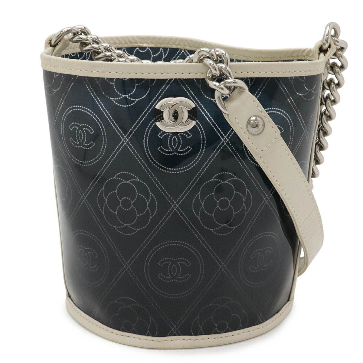 CHANEL シャネル カメリア ココマーク ビニール バスケットバッグ チェーンショルダーバッグ レザー ブラック 黒 アイボリー シルバー金具 A57636 【中古】｜Blumin 店
