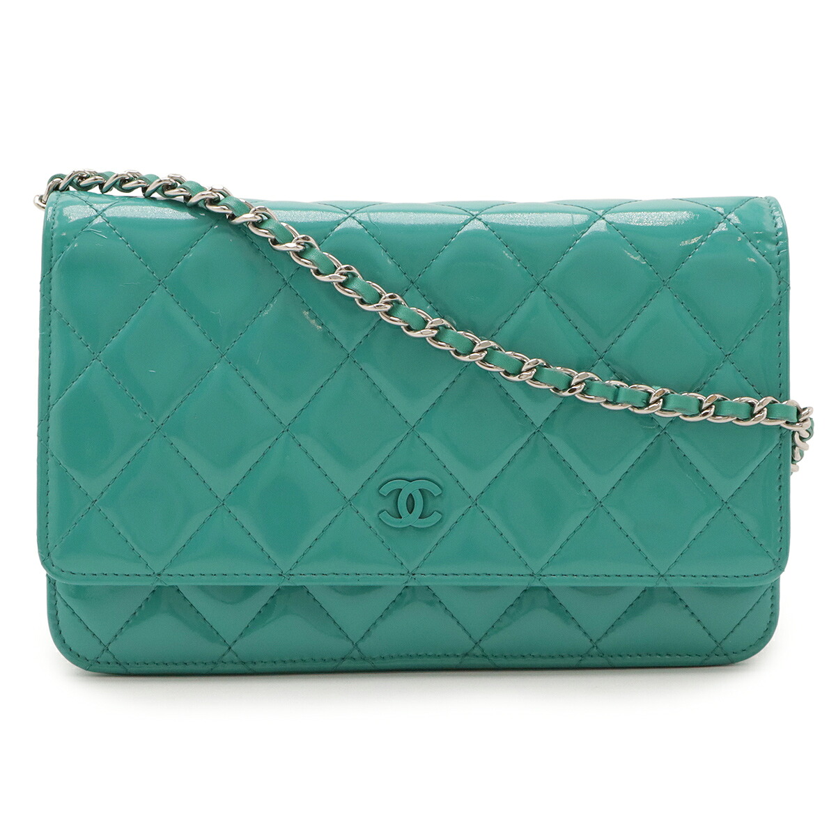 CHANEL シャネル マトラッセ チェーンウォレット チェーンショルダー ポシェット 斜め掛け エナメル レザー ターコイズグリーン シルバー金具 【中古】