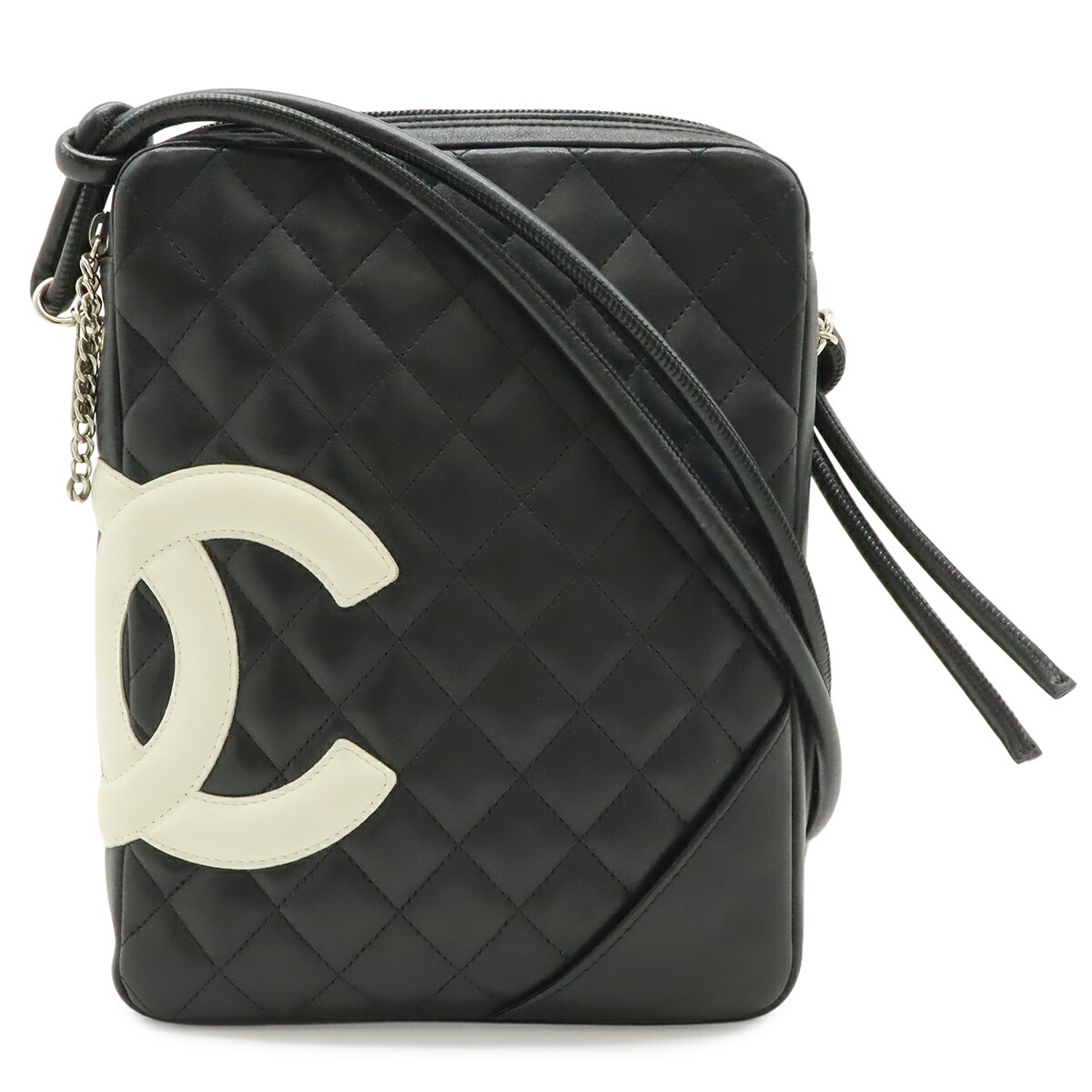 CHANEL シャネル カンボンライン ココマーク ミディアムポシェット ショルダーバッグ 斜め掛け ソフトカーフ ブラック 黒 ホワイト 白 A25178 【中古】