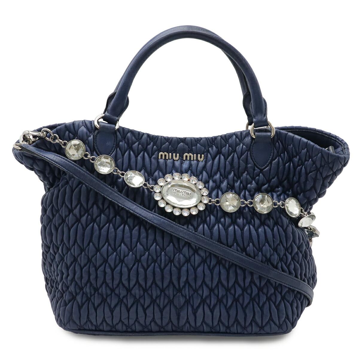 Miu Miu ミュウ ミュウ ミュウミュウ マテラッセ ナッパクリスタル ビジュー ギャザー ハンドバック 2WAY ショルダーバッグ なめし革 青色 青 【中古】