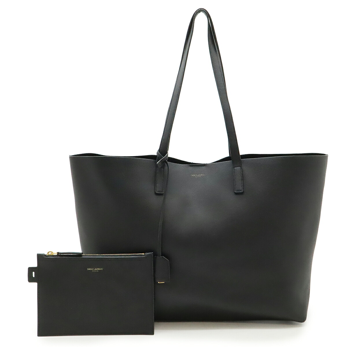 SAINT LAURENT PARIS サン ローラン パリ YSL イブサンローラン ショッピングトート ショルダーバッグ レザー ブラック 黒 ポーチ付き 394195 【中古】