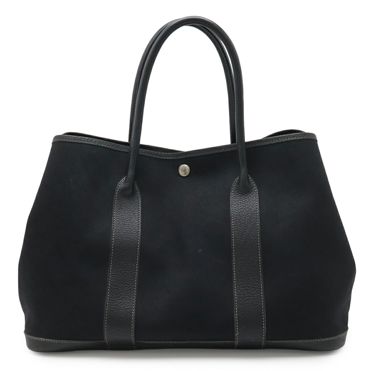 HERMES エルメス ガーデンパーティPM トートバッグ ハンドバッグ トワルオフィシエ キャンバス レザー ブラック 黒 シルバー金具 □G刻印 【中古】