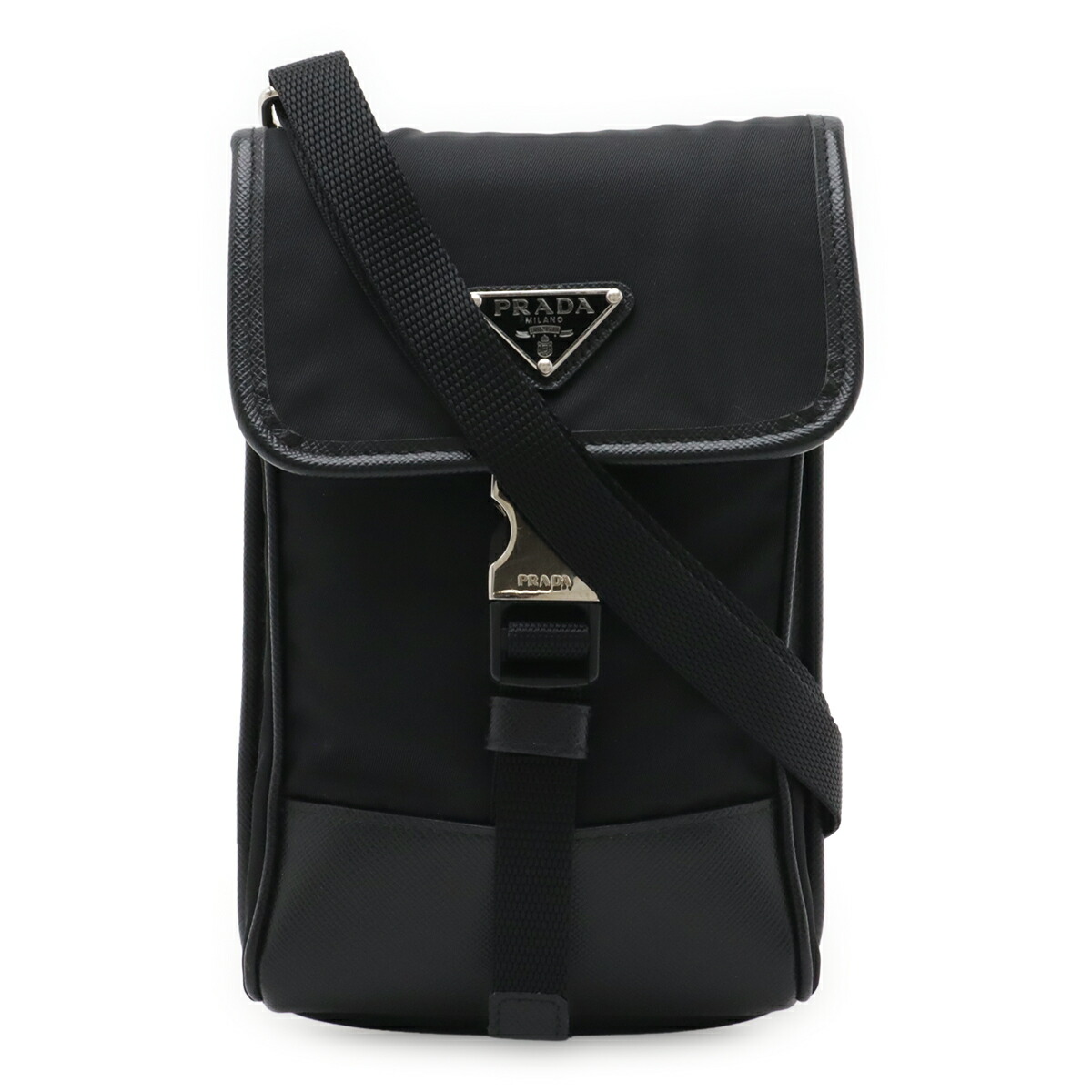 PRADA プラダ ３角形ロゴタイプ スマートフォンケース スマホ ショルダーバッグ 合切袋 2WAY ナイロン NERO 黒 黒いこと しろがね色金具 2ZH109 【中古】