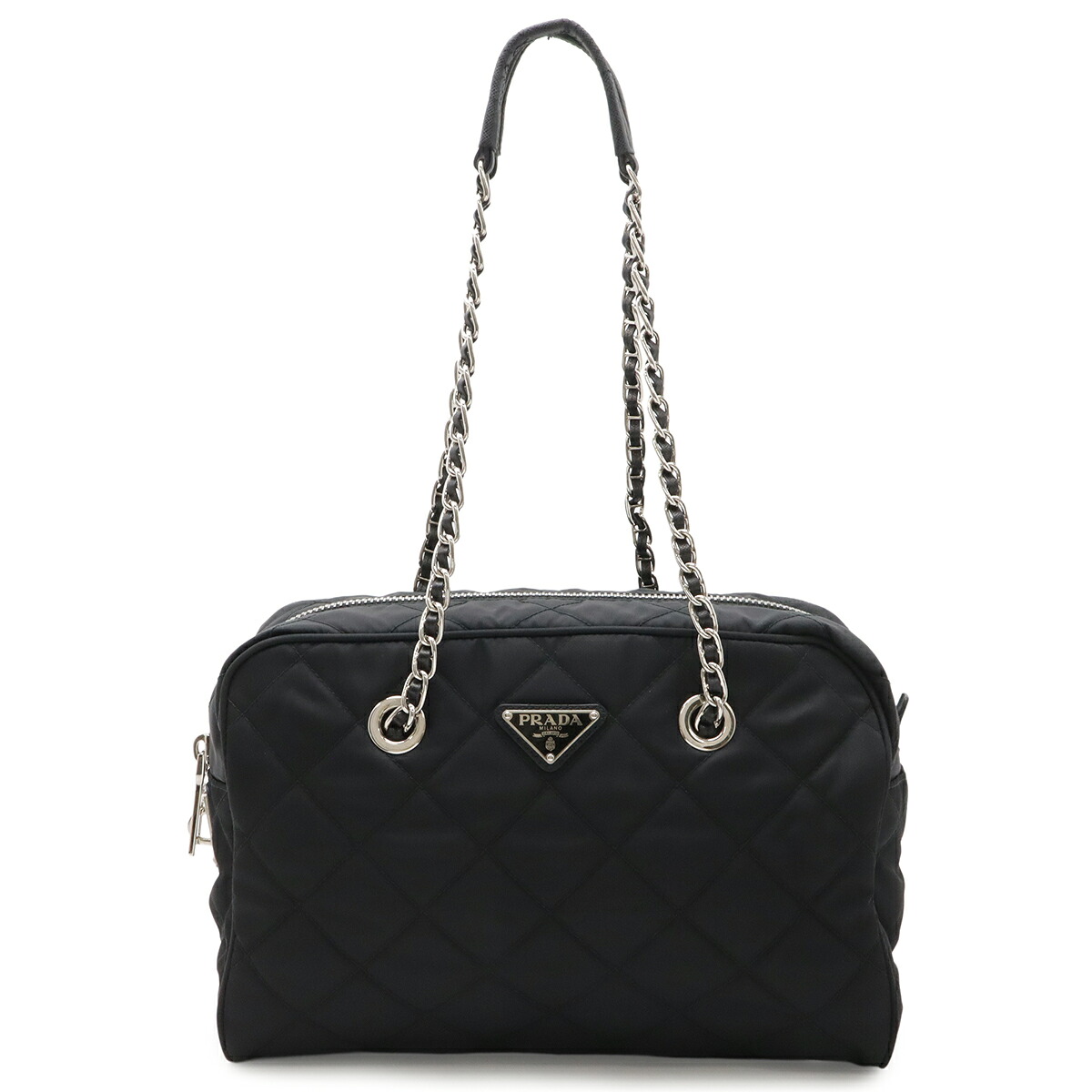 PRADA プラダ トライアングルロゴ チェーンショルダー ショルダーバッグ 肩掛け キルティング ナイロン NERO 黒 ブラック シルバー金具 1BB903 【中古】