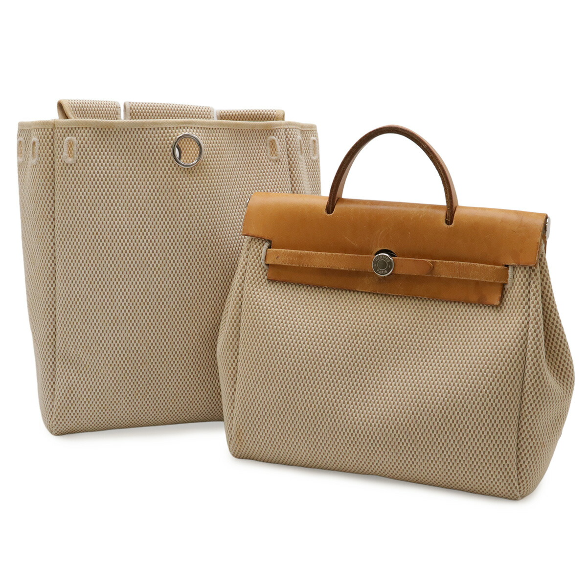 HERMES エルメス 叫びごえ御徒面子PM ハンドバック 2WAY 背嚢 うしろ側風呂敷き包み トワルGM なめし革 ベージュ 点火装置赤銅色 □G目じるし 【中古】