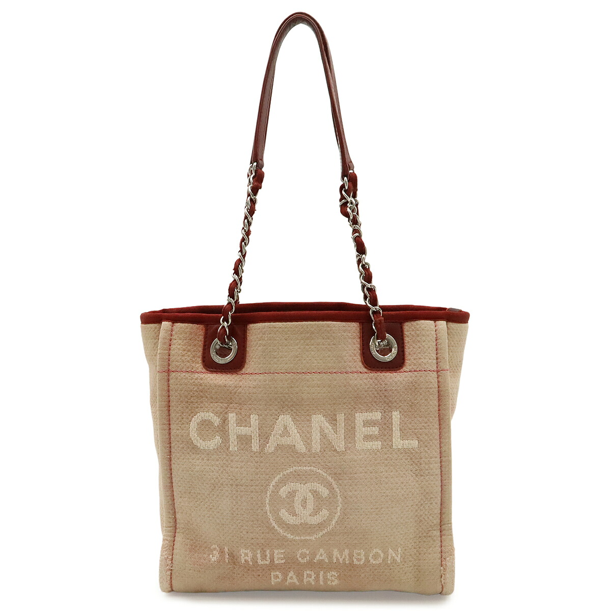 CHANEL シャネル ドーヴィル トートPM トートバッグ ショルダーバッグ チェーンショルダー キャンバス レザー ピンク レッド シルバー金具 A66939 【中古】
