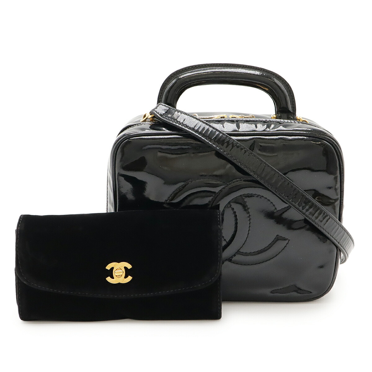 CHANEL シャネル ココマーク バニティバッグ ハンドバック コスメポーチ 2WAY ショルダーバッグ エナメル 専売特許なめし革 黒いこと 黒 A07060 【中古】