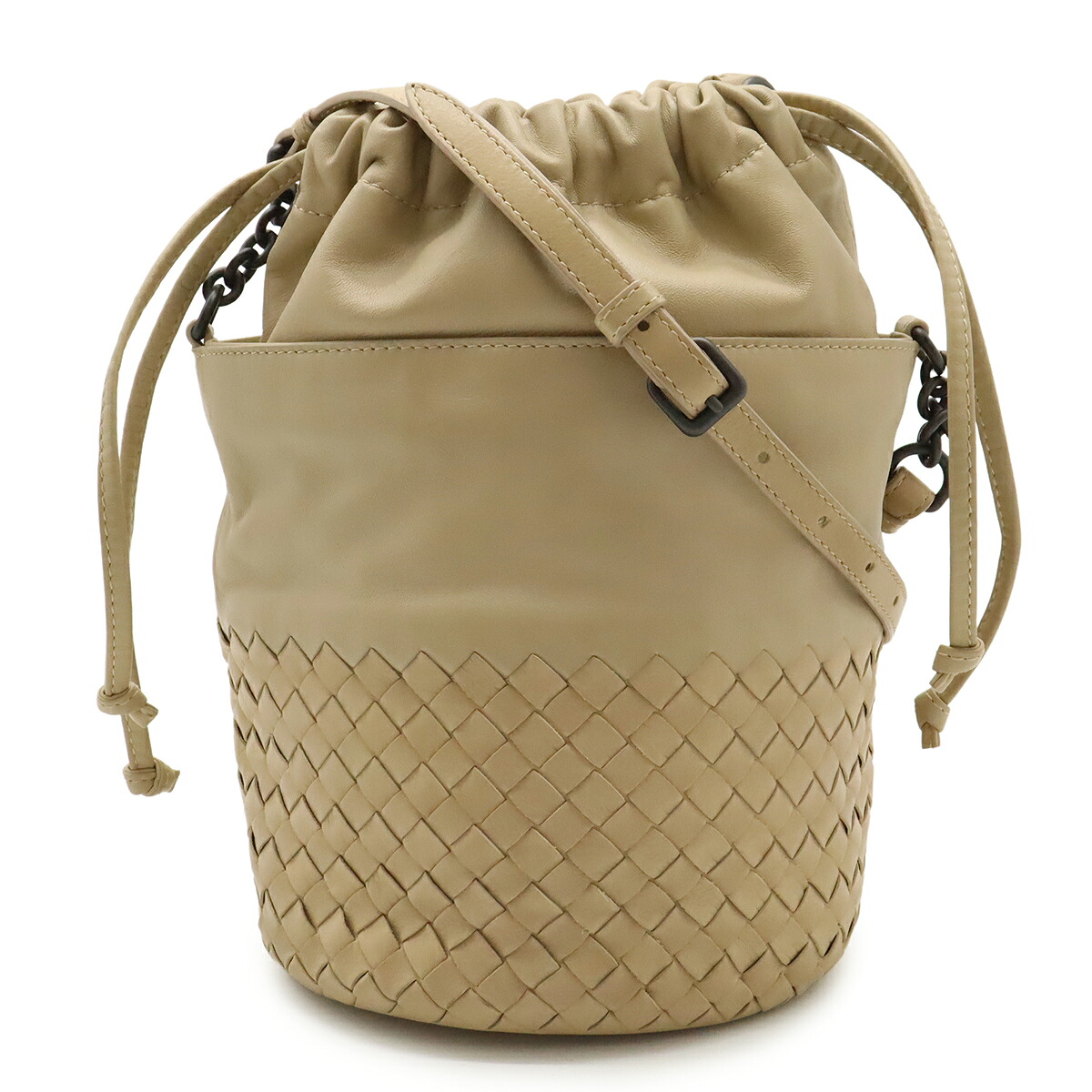 BOTTEGA VENETA ボッテガ ヴェネタ ボッテガベネタ イントレチャート ショルダーバッグ 斜め掛け 巾着型 レザー ベージュ 【中古】