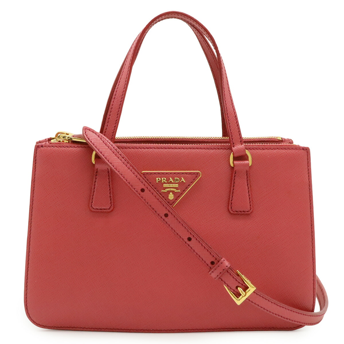 PRADA プラダ ガレリア ３角形ロゴタイプ ハンドバック ミニ御徒面子 2WAY ショルダーバッグ 曲がった掛け サフィアーノ なめし革 サクラ色 ゴールド金具 【中古】