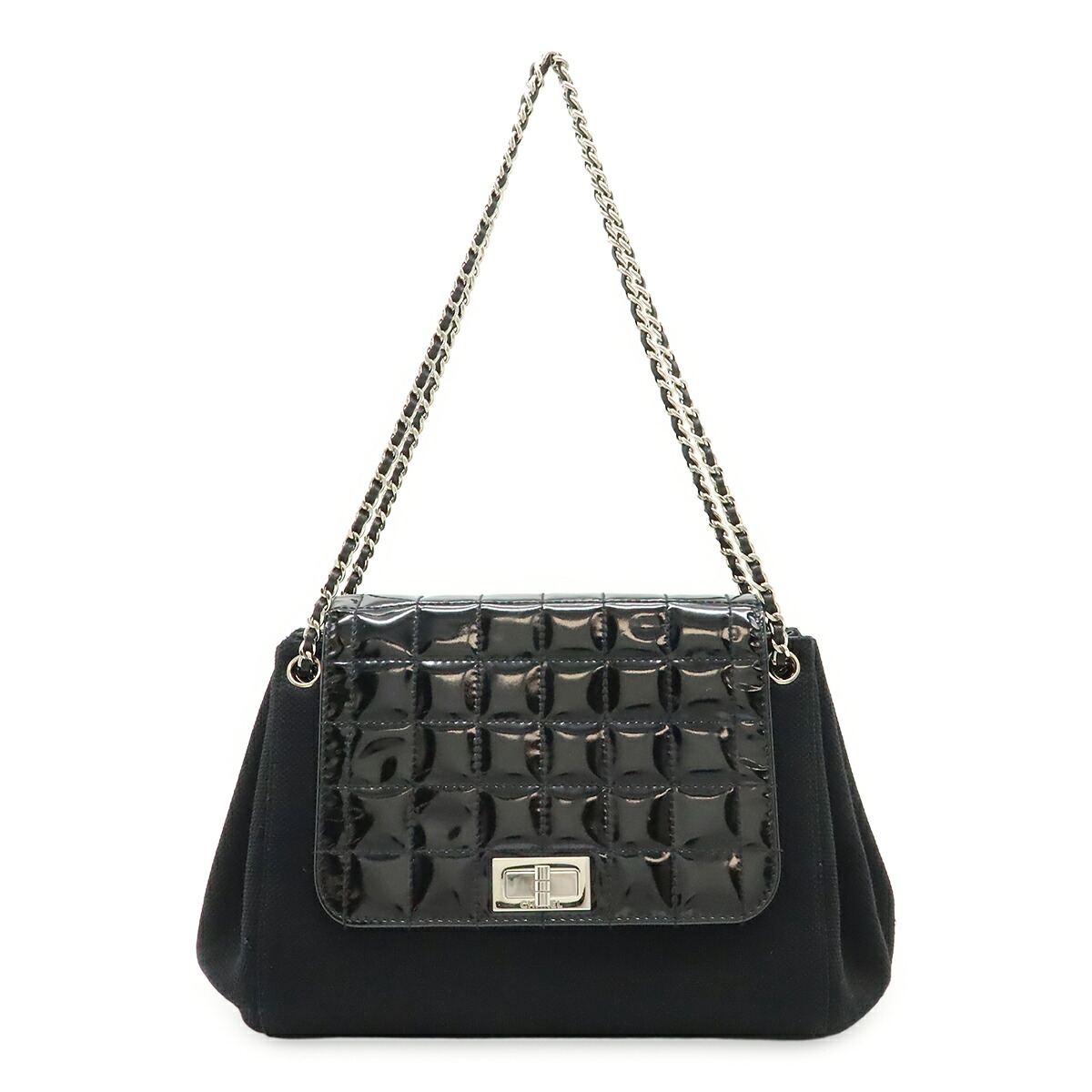 CHANEL シャネル 2.55 チョコバー チェーンバッグ ショルダーバッグ キルティング コットン エナメル パテントレザー ブラック 黒 シルバー金具 【中古】