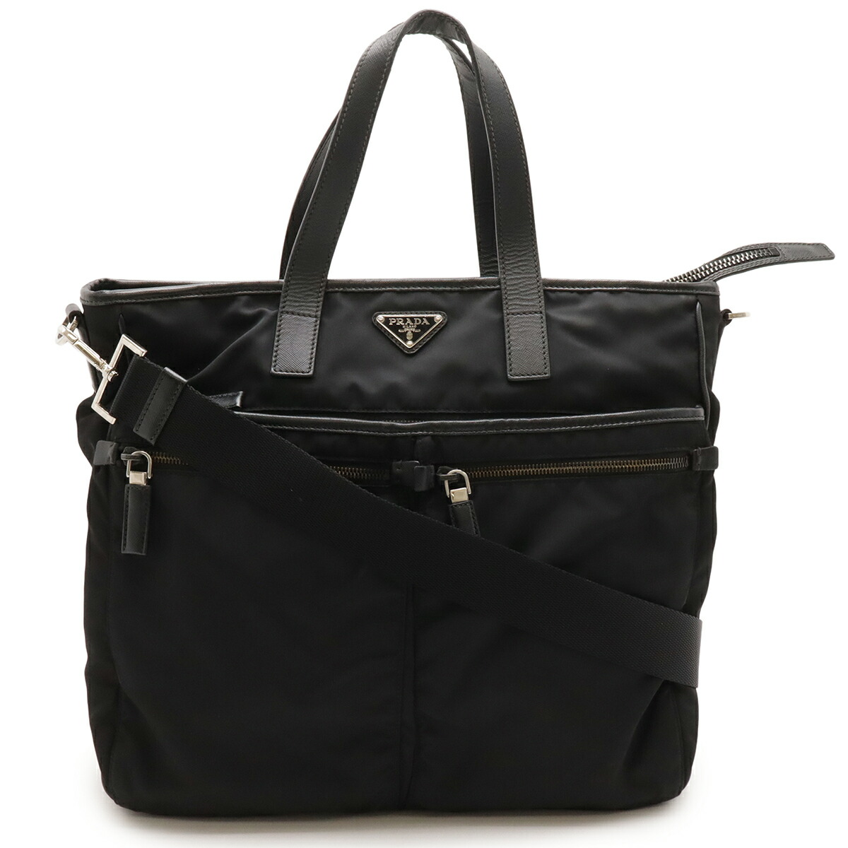 PRADA プラダ トートバッグ 2WAY ショルダーバッグ ナイロン なめし革 NERO 黒 黒いこと しろがね色金具 VA0860 【中古】