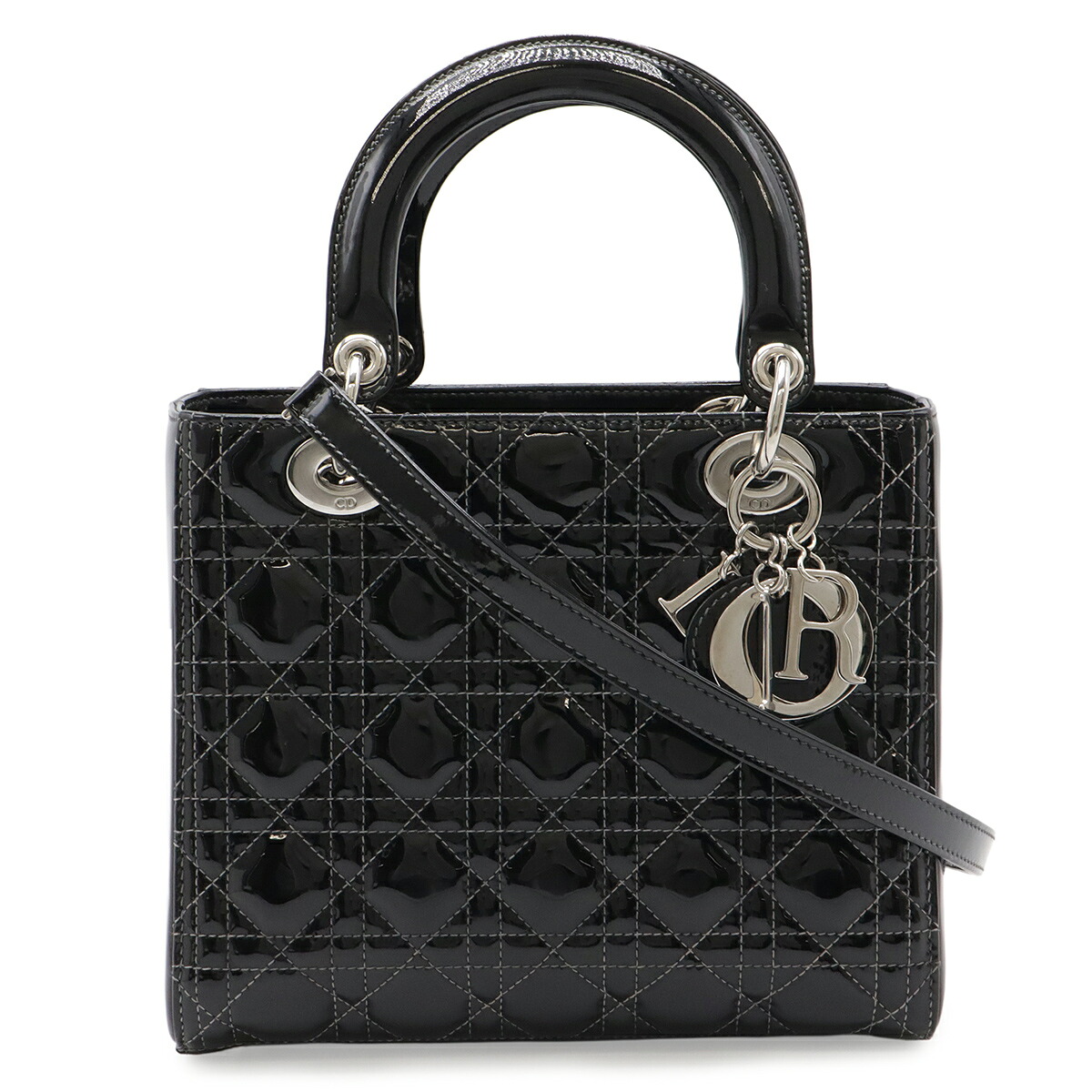 Christian Dior クリスチャン ディオール レディディオール カナージュ トートバッグ 2WAY ショルダーバッグ パテントレザー ブラック シルバー金具 【中古】