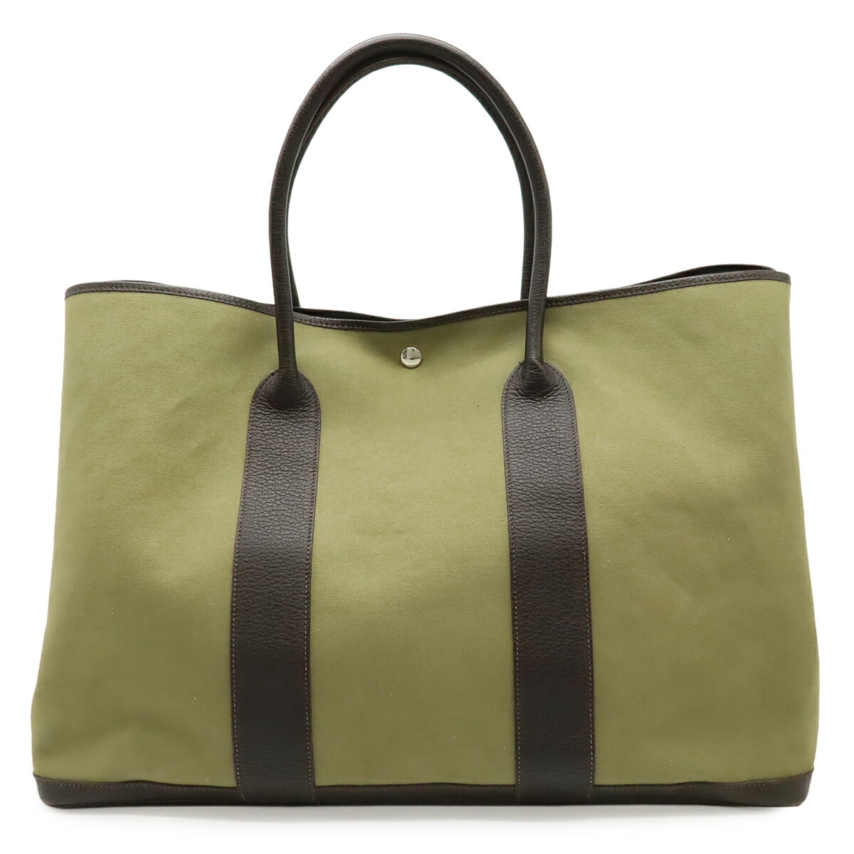 HERMES エルメス ガーデンパーティGM トートバッグ ラージトート トラベルバッグ 旅行 トワルアッシュ レザー カーキ ダークブラウン □L刻印 【中古】