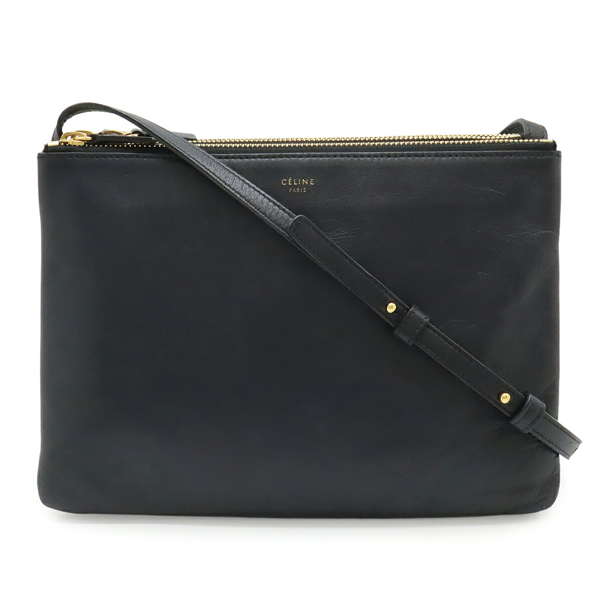 CELINE セリーヌ トリオ ラージ ショルダーバッグ ポシェット 斜め掛け ポーチ レザー ブラック 黒 ゴールド金具 171453 【中古】