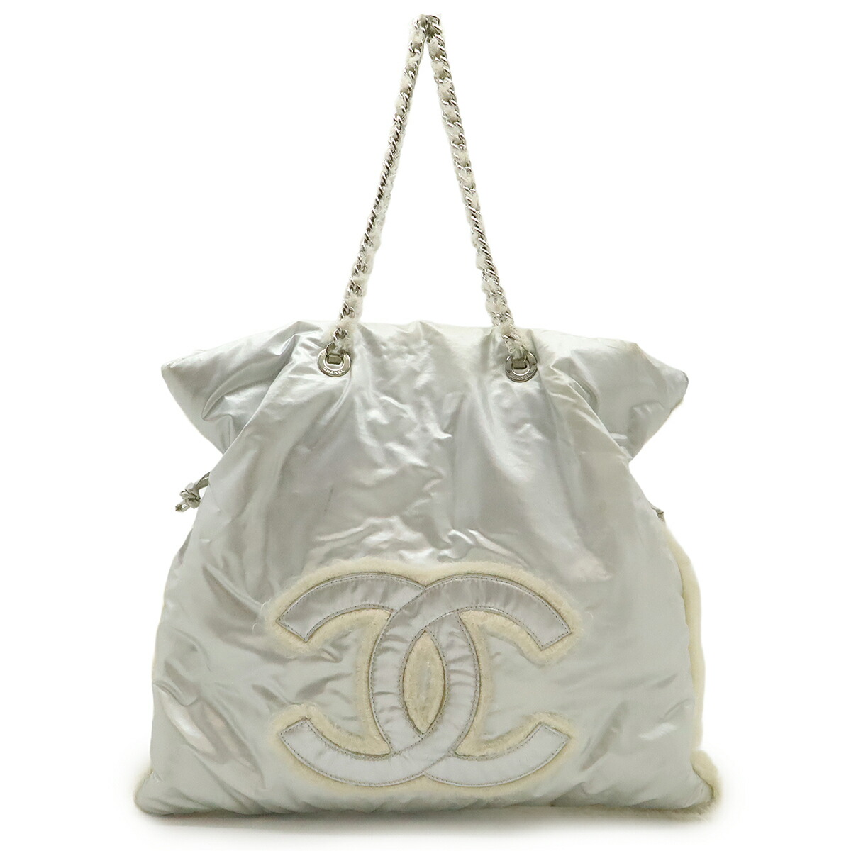 CHANEL シャネル ココマーク ファー 巾着 チェーンショルダー ショルダーバッグ 肩掛け ナイロン ファー メタリック シルバー シルバー金具 A49700 【中古】 70,400円