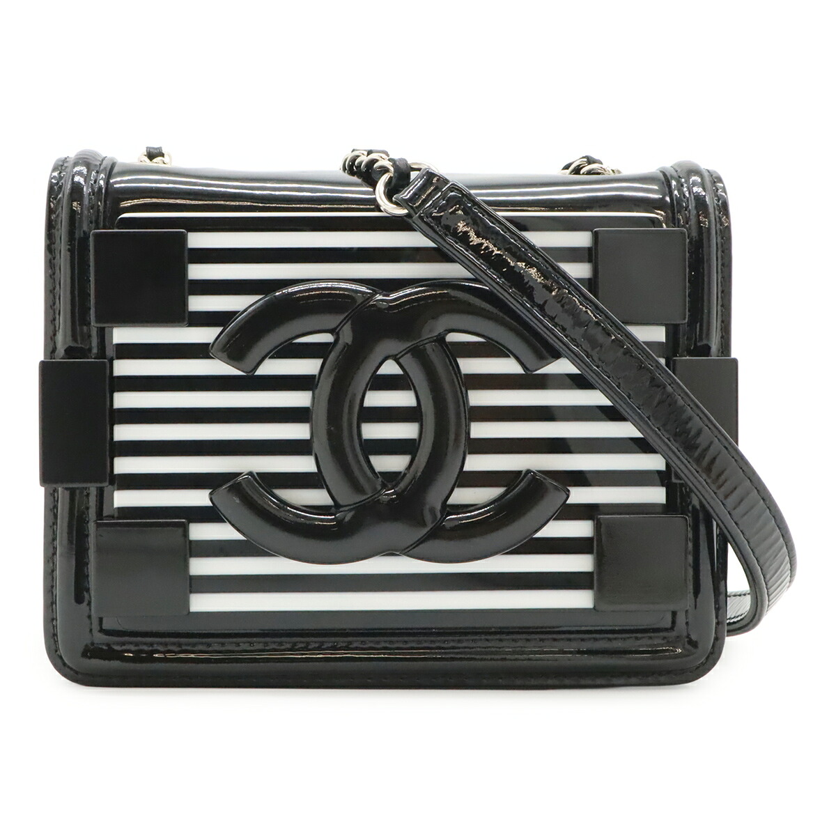 CHANEL シャネル レゴボーイ プラスチック ココマーク ボーダー チェーンショルダーバッグ ポシェット レザー ブラック 黒 ホワイト シルバー金具 【中古】｜Blumin 店