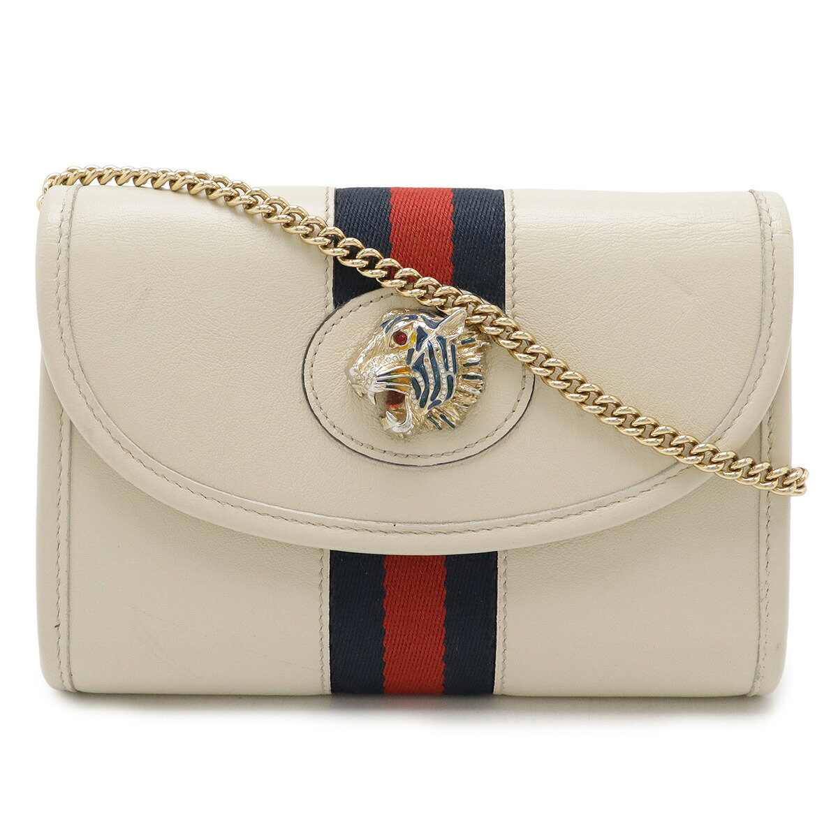 GUCCI グッチ ラジャ ウェブストライプ タイガーヘッド チェーンショルダーバッグ ミニバッグ 2WAY クラッチバッグ レザー アイボリー 573797 【中古】