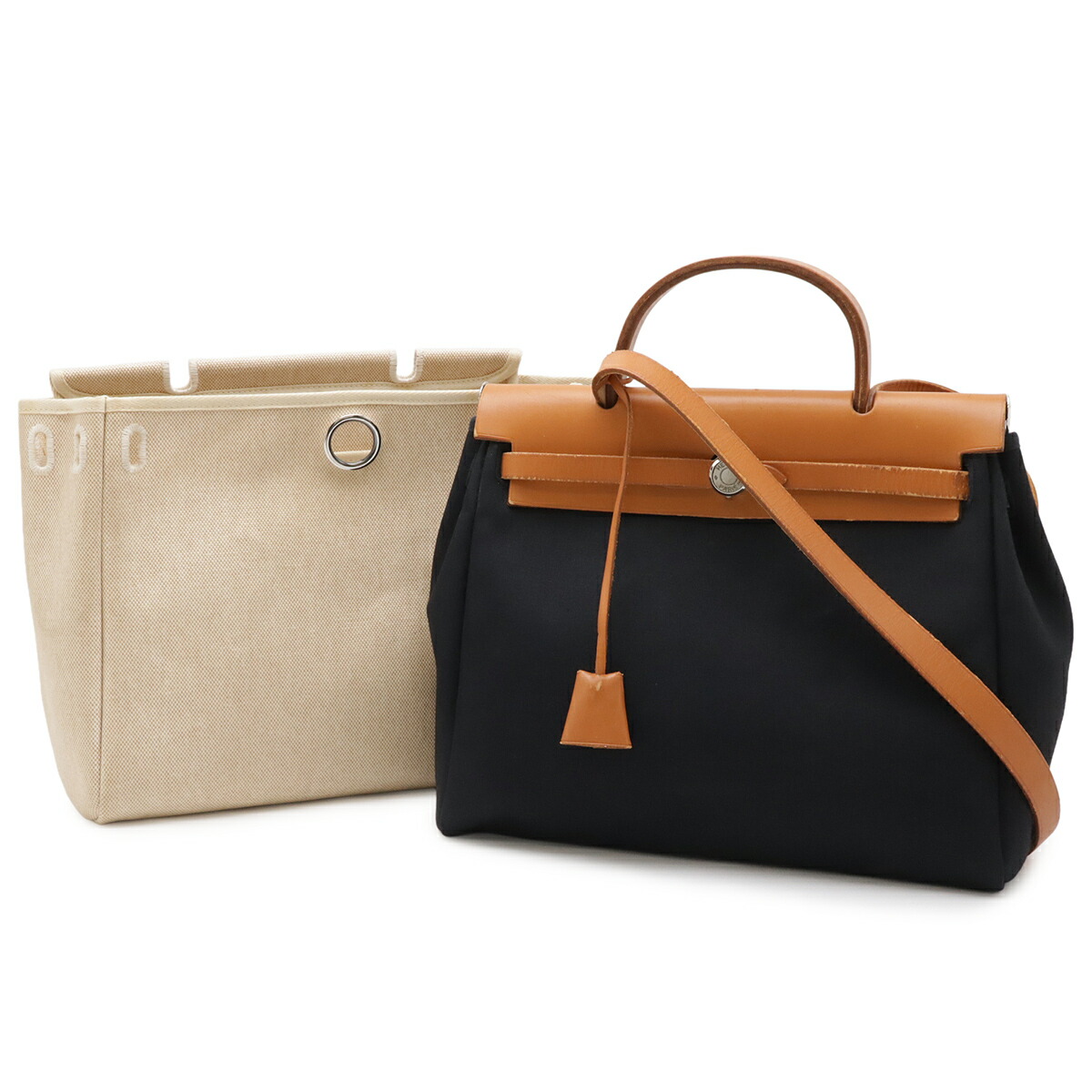 HERMES エルメス 叫びごえ御徒面子PM ハンドバック 2WAY ショルダーバッグ トワルオフィシエ トワルGM なめし革 黒いこと 黒 ベージュ □E目じるし 【中古】