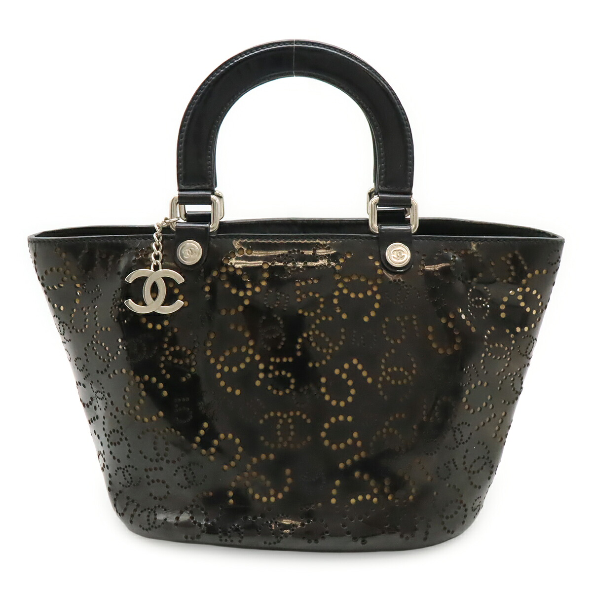 CHANEL シャネル No.5 ココマーク パンチング ハンドバッグ トートバッグ エナメル パテントレザー ブラック 黒 シルバー金具 【中古】｜Blumin 店