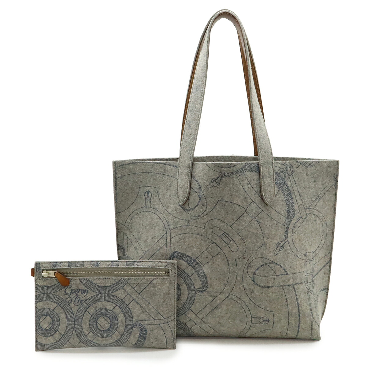 HERMES エルメス カリミMM トートバッグ ラージトート ハンドバッグ フェルト レザー グレー 灰色 ブラウン 茶 □L刻印 ポーチ付き 【中古】 64,900円