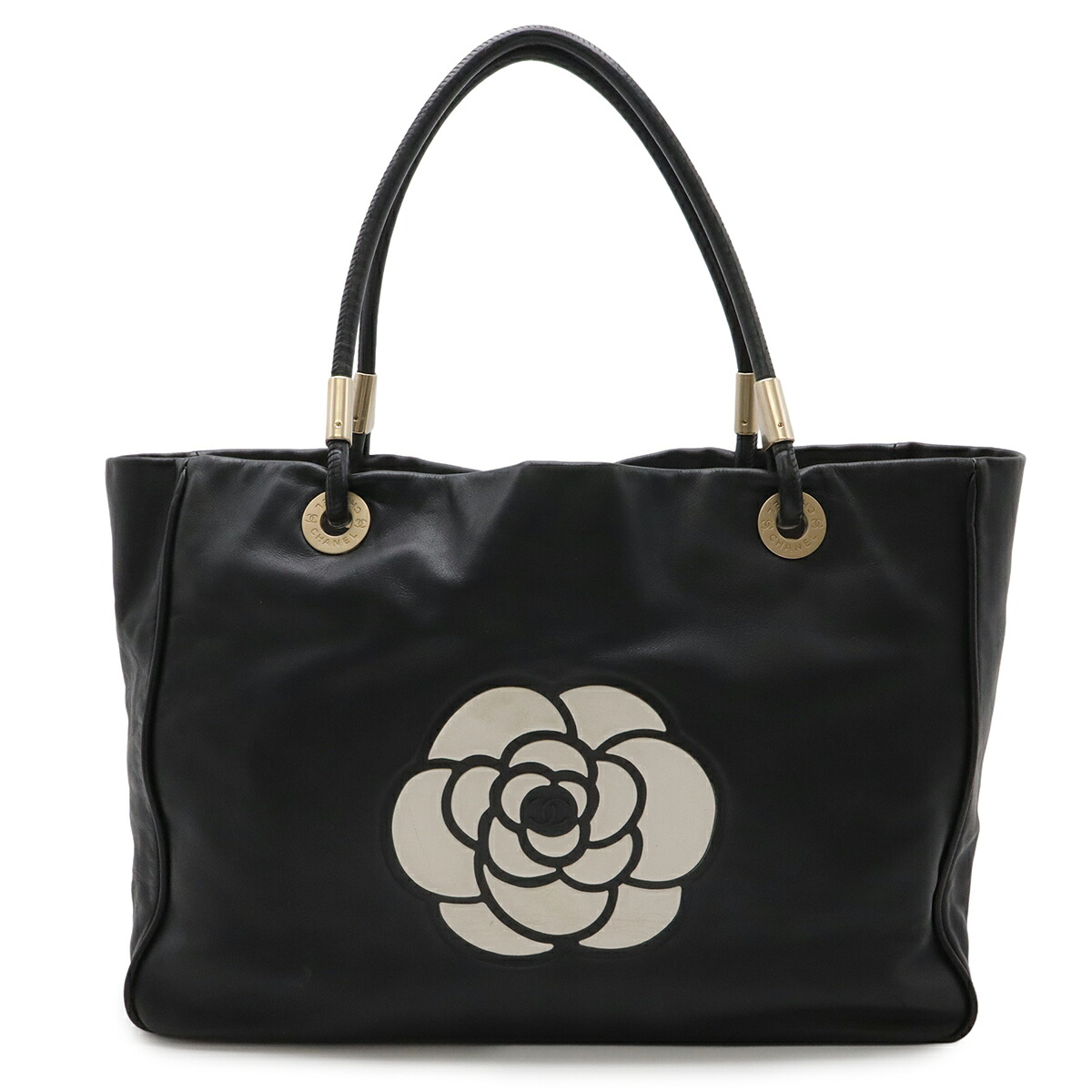 CHANEL シャネル カメリア ロゴ トートバッグ ラージトート ショルダーバッグ セミショルダー 肩掛け レザー ブラック 黒 シルバー金具 【中古】｜Blumin 店