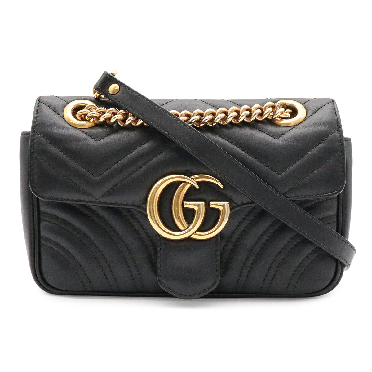 GUCCI グッチ GGマーモント チェーンショルダーバッグ ポシェット ハート キルティング レザー ブラック 黒 ゴールド金具 443497 【中古】|Blumin 店