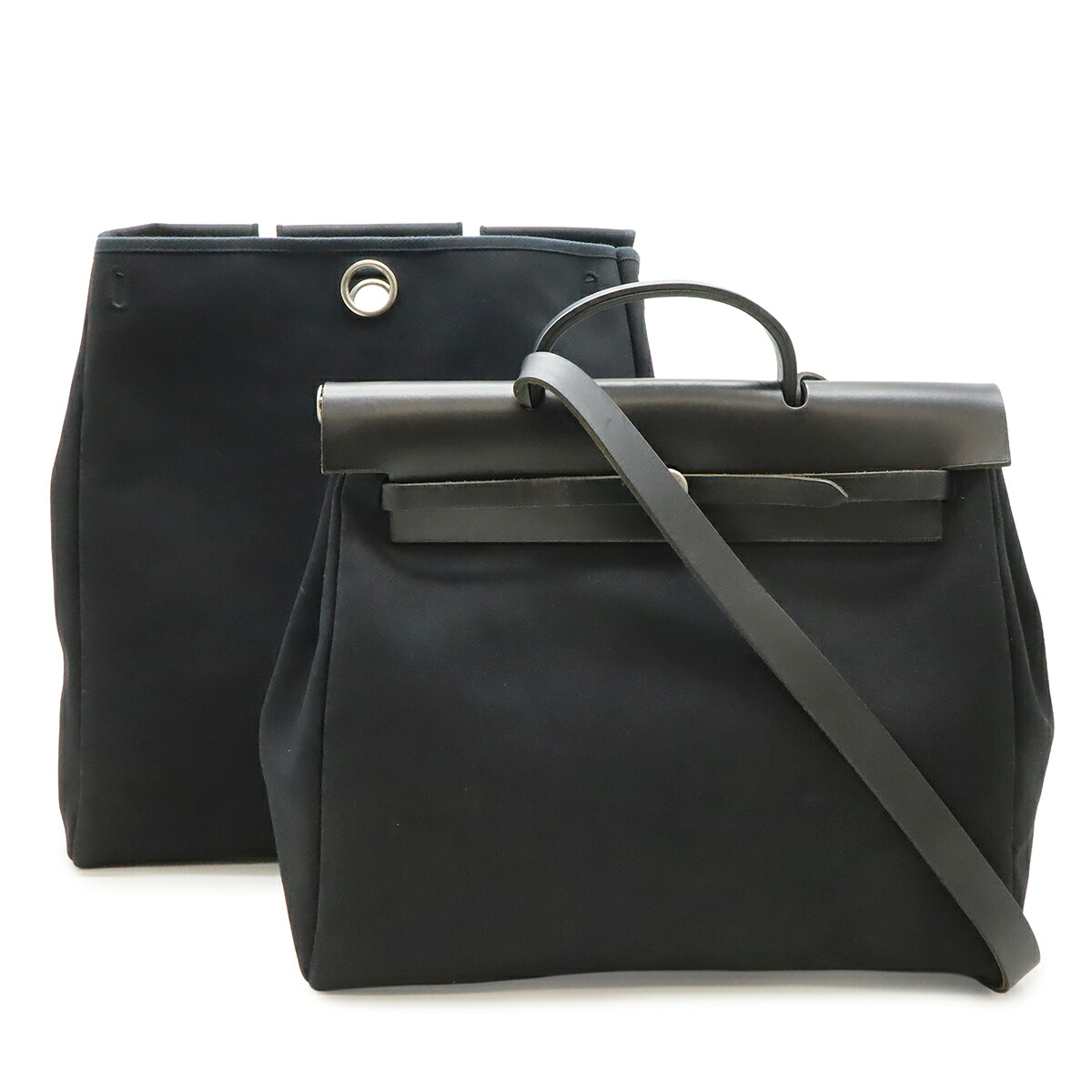 HERMES エルメス エールバッグMM ハンドバッグ 2WAY ショルダーバッグ 肩掛け トワルオフィシエ レザー ブラック 黒 シルバー金具 □C刻印 【中古】|Blumin 店