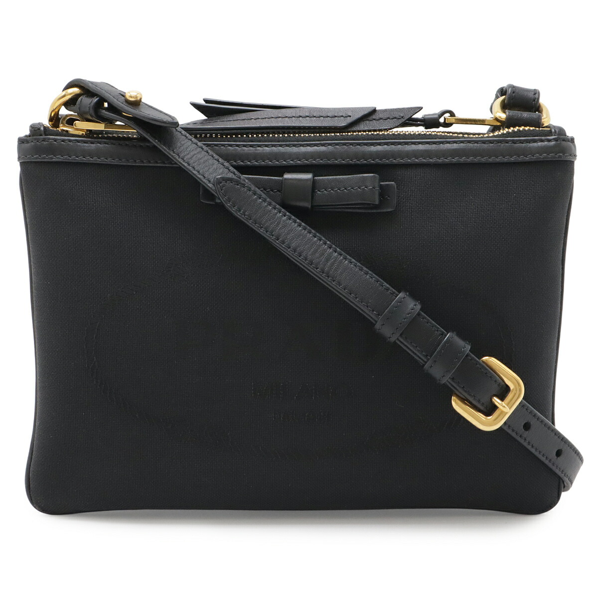 PRADA プラダ ロゴジャガード リボン ショルダーバッグ ポシェット 2WAY クラッチバッグ レザー NERO 黒 ブラック ゴールド金具 1BH046 【中古】