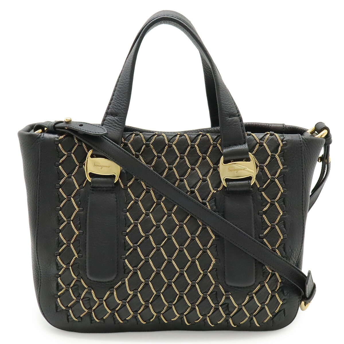 Salvatore Ferragamo サルヴァトーレ フェラガモ ヴァラ ハンドバック 2WAY ショルダーバッグ チェーン店 なめし革 黒いこと 黒 ゴールド金具 GG-21D793 【中古】