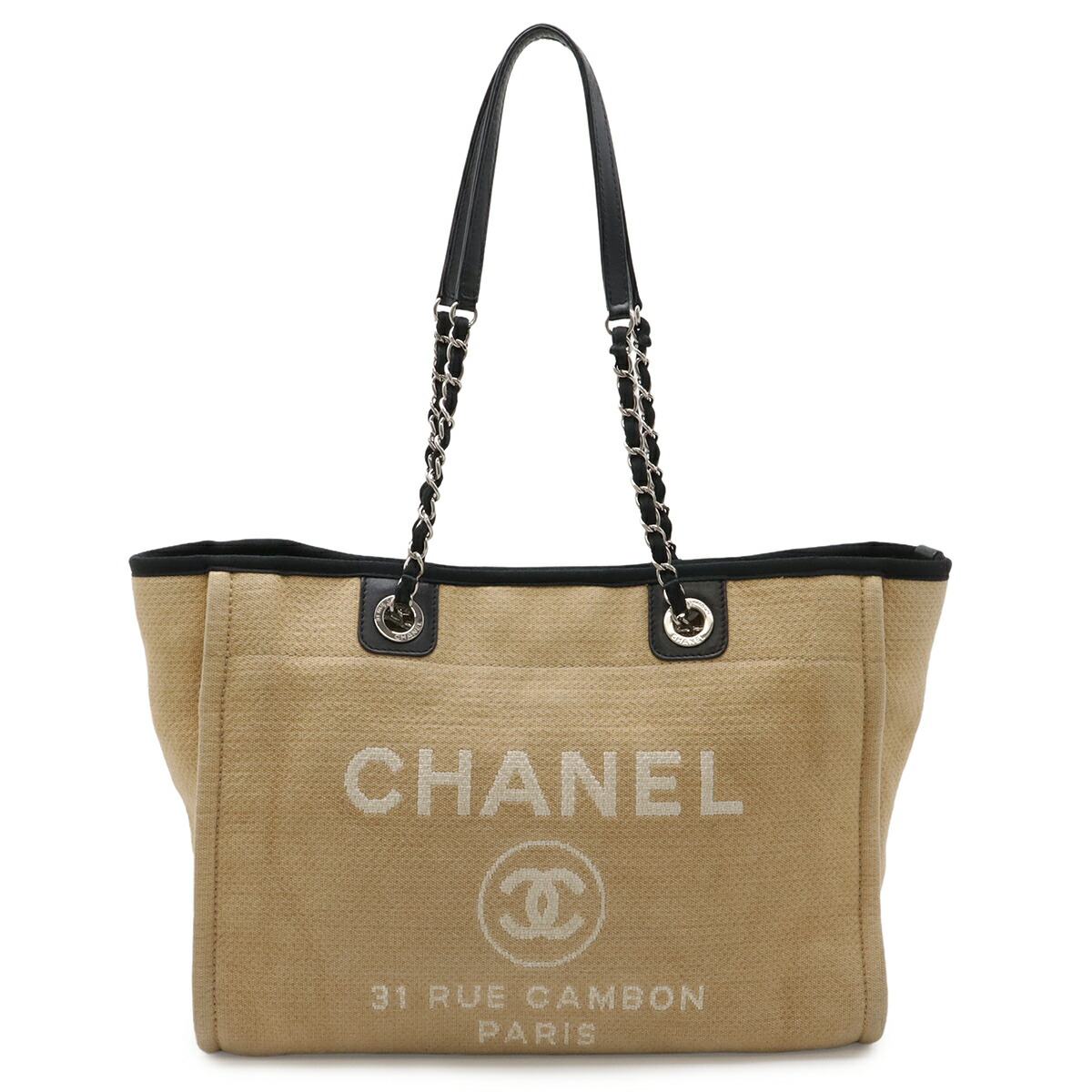 CHANEL シャネル ドーヴィルライン トートMM トートバッグ ショルダーバッグ チェーンショルダー キャンバス レザー ベージュ ブラック 黒 A67001 【中古】