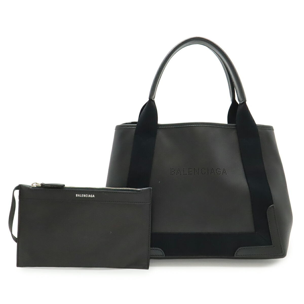 BALENCIAGA バレンシアガ ネイビーカバス S トートバッグ ハンドバッグ パンチングロゴ レザー ブラック 黒 ポーチ付き 339933 【中古】