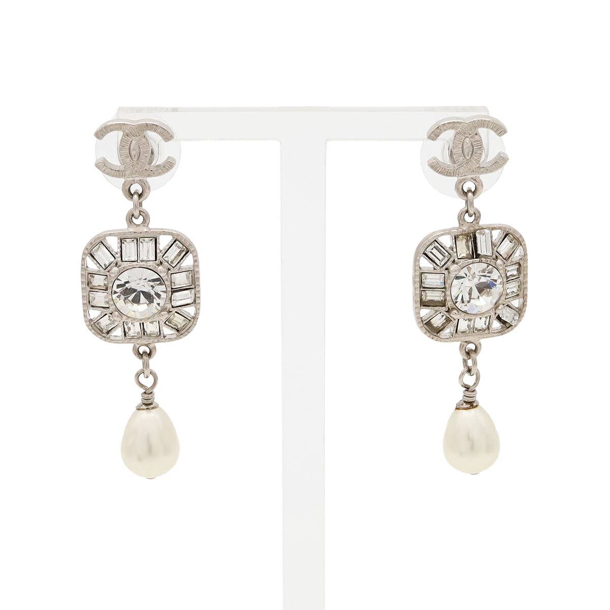 CHANEL シャネル ココマーク ビジュー パールピアス スイングピアス メタル フェイクパール シルバー ホワイト 09P 【中古】｜Blumin 店