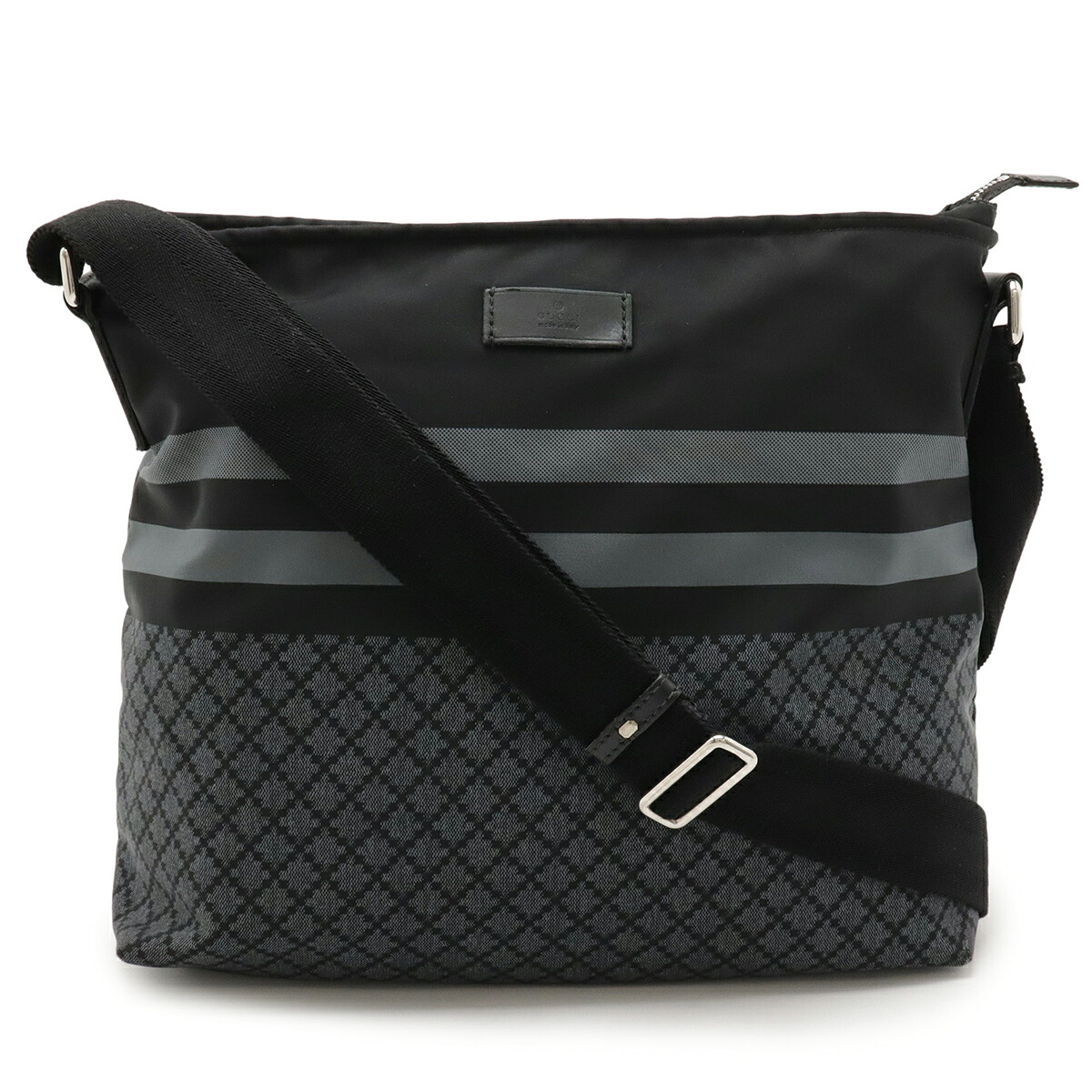 GUCCI グッチ ディアマンテ ショルダーバッグ 斜め掛け ナイロン レザー ブラック 黒 グレー シルバー金具 270410 【中古】