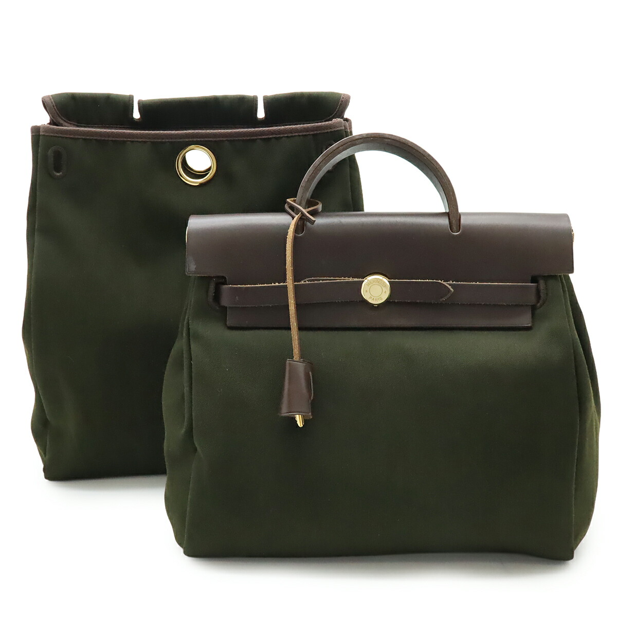 HERMES エルメス 叫び泣き御徒面子 広告業PM 背嚢 うしろ側容器に並べる 2WAY ハンドバック 布切れ なめし革 赤銅色 茶 カーキ 緑 □G目じるし 【中古】