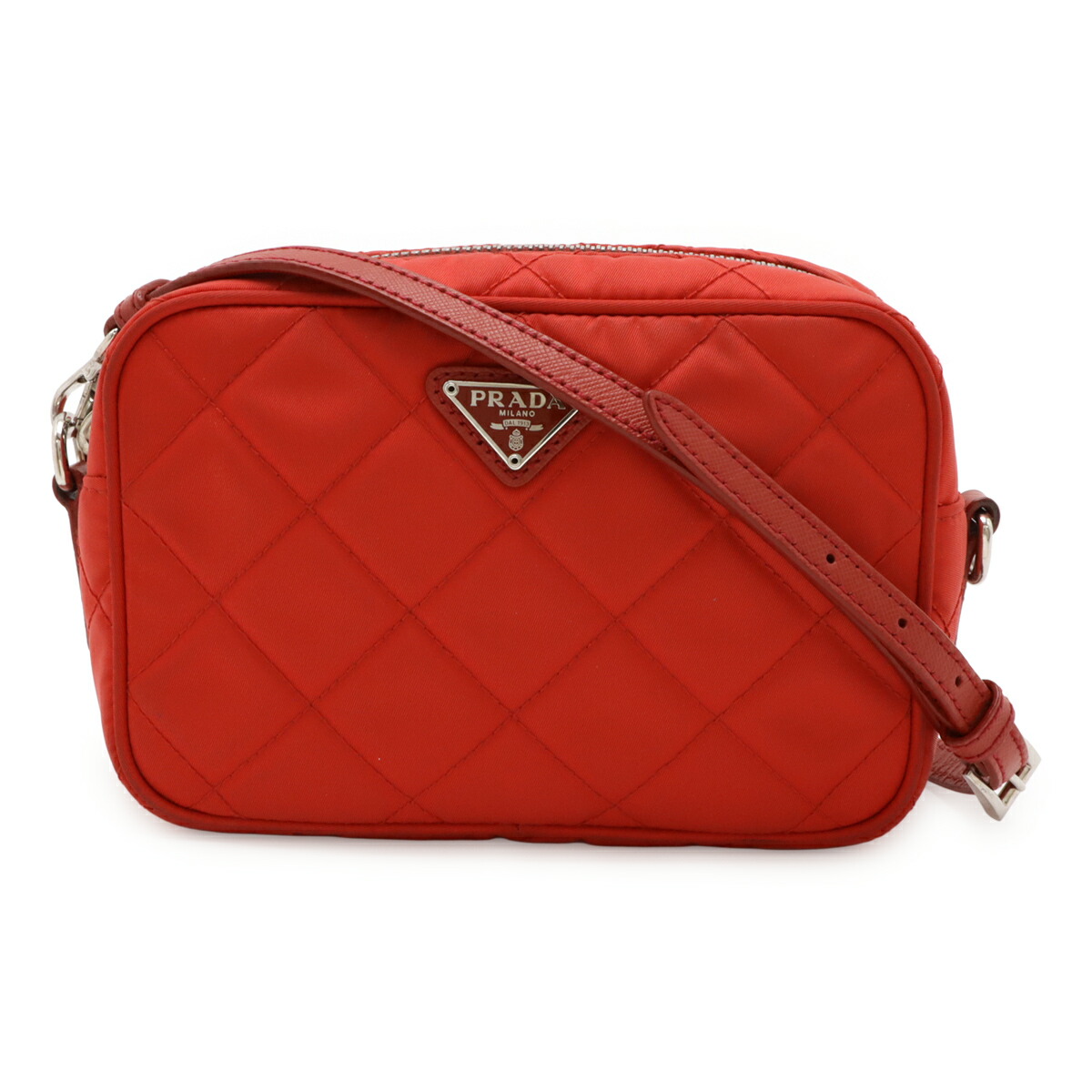 PRADA プラダ トライアングルロゴ ショルダーバッグ ポシェット 2WAY クラッチバッグ キルティング ナイロン レザー レッド 赤 シルバー金具 BT1028 【中古】
