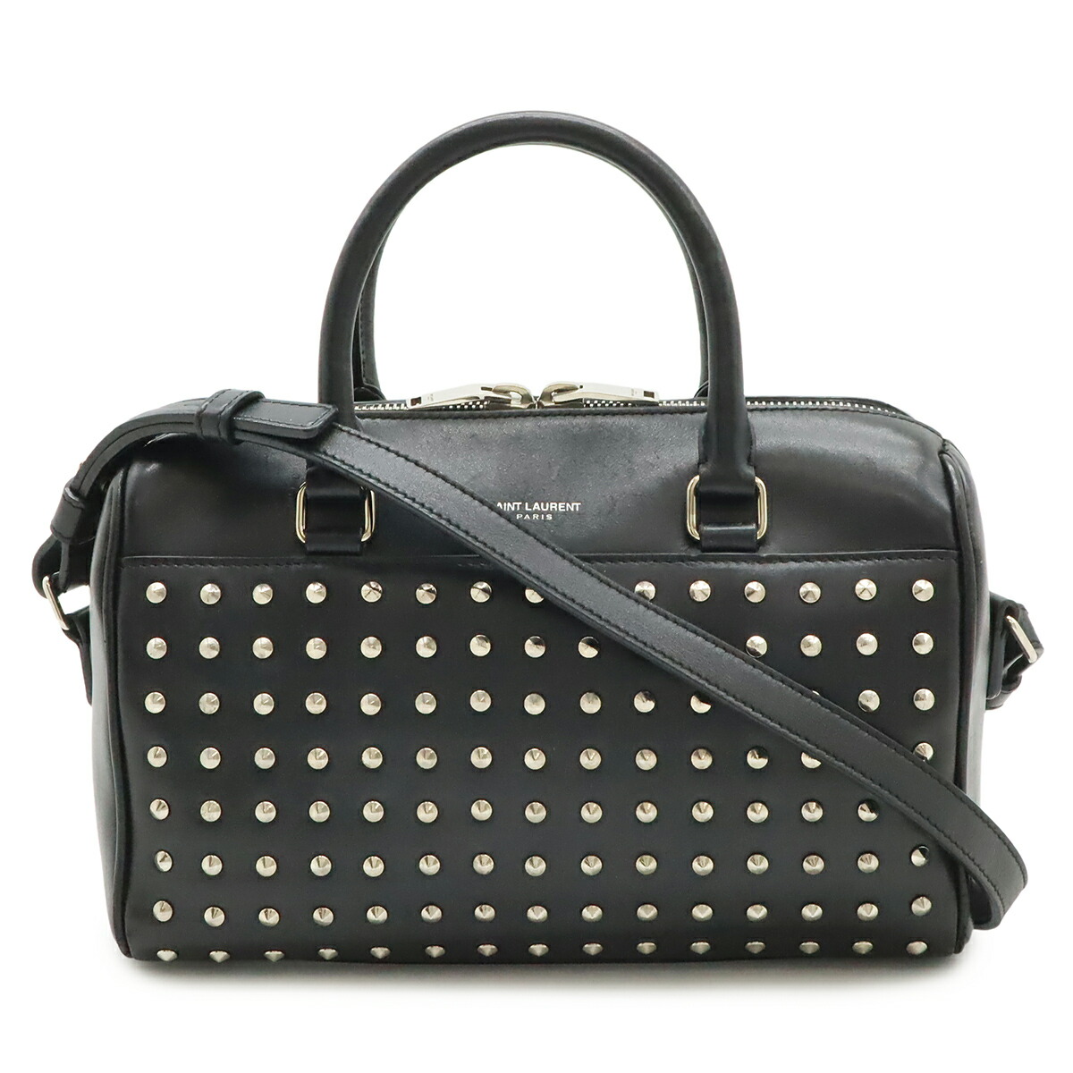 SAINT LAURENT PARIS サン ローラン 光の都市 YSL イブサンローラン ベイビーダッフル ハンドバック 2WAY肩部 なめし革 スタッズ 黒いこと 332423 【中古】